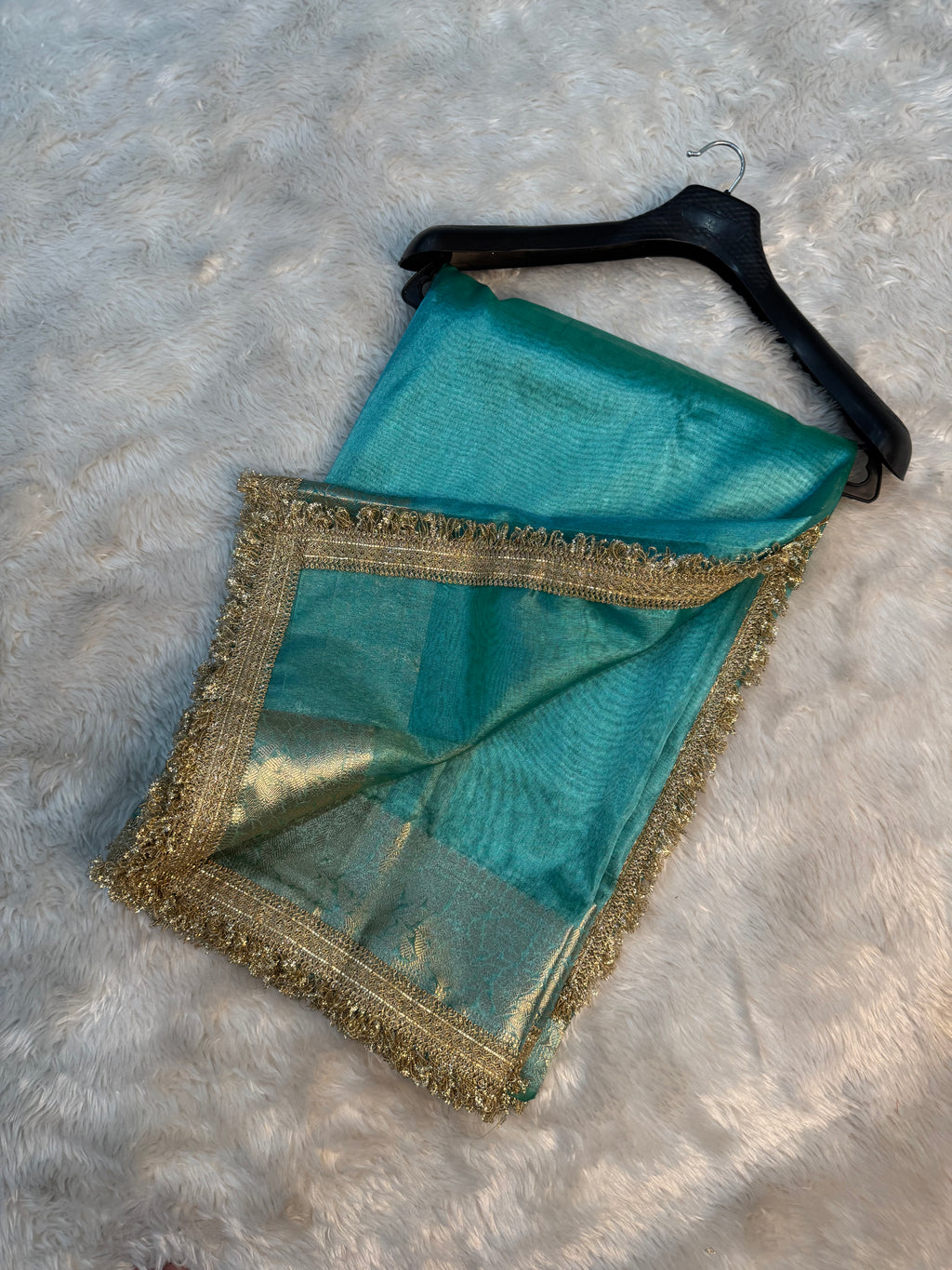 PREMIUM SEA GREEN SHADE SOFT TISSUE SILK SAREE WITH LACE ATTACHED
