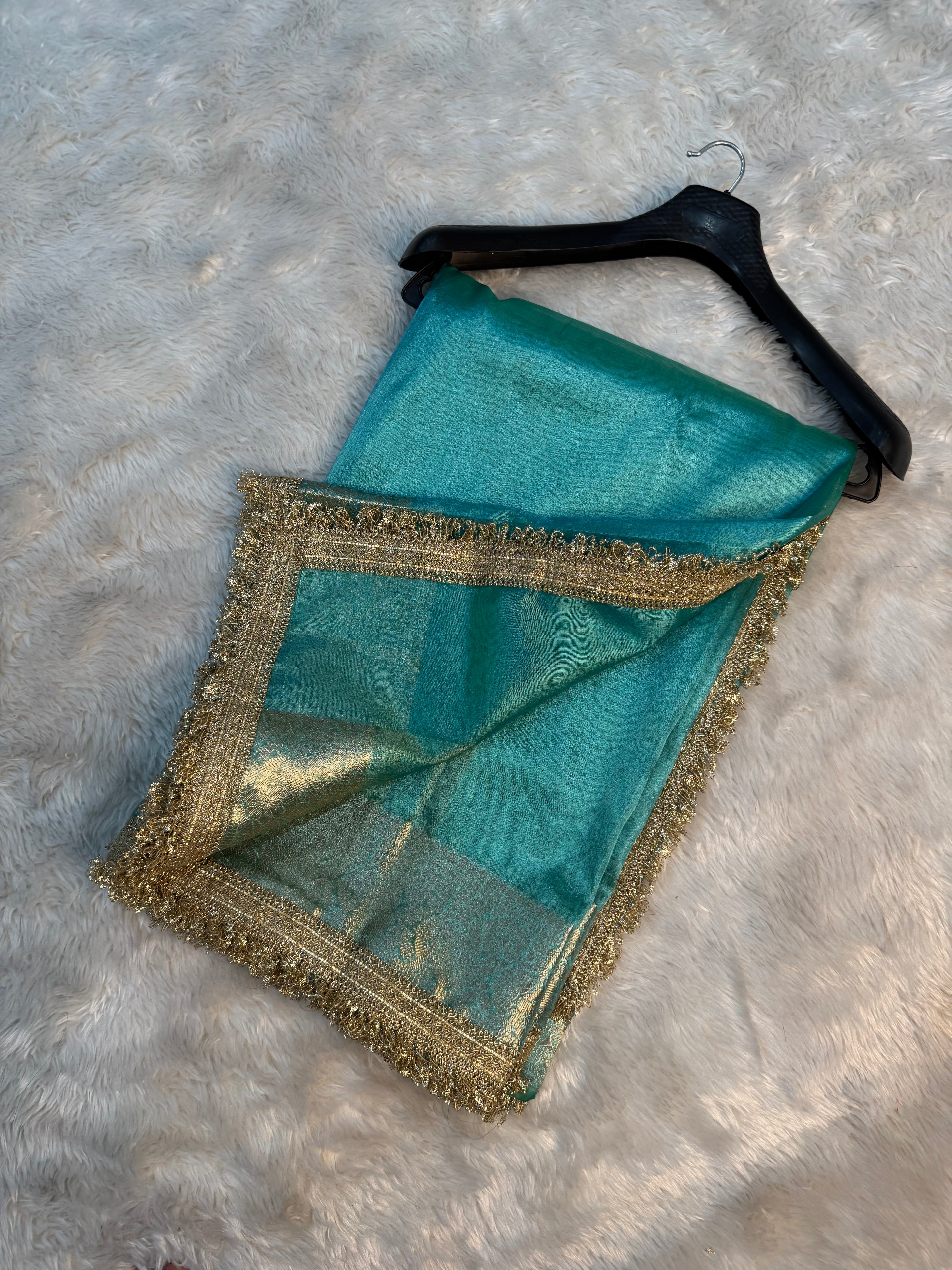PREMIUM SEA GREEN SHADE SOFT TISSUE SILK SAREE WITH LACE ATTACHED
