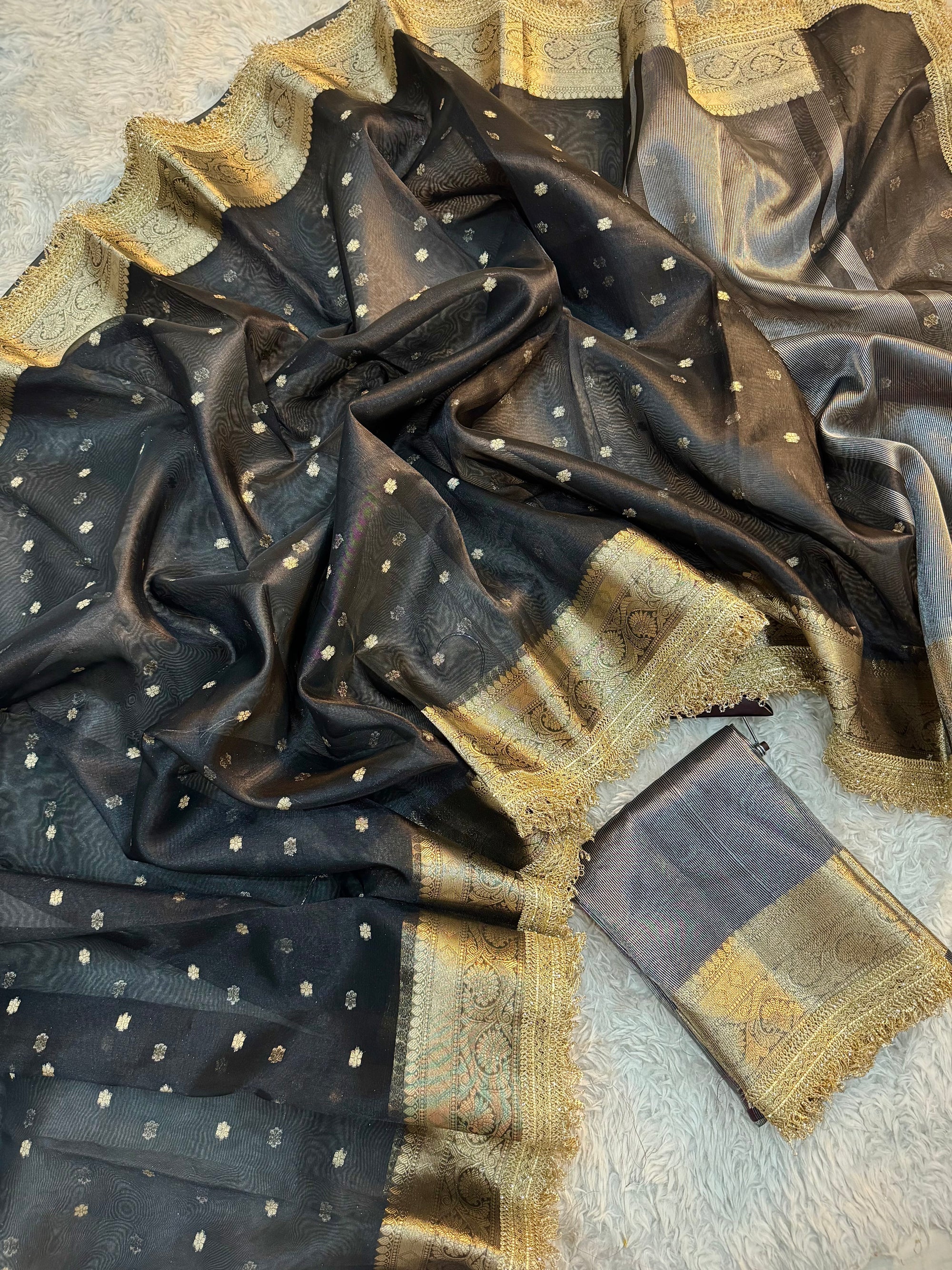 PREMIUM BLACK DESIGNER TISSUE SILK BOOTI SAREE WITH LACE ATTACHED