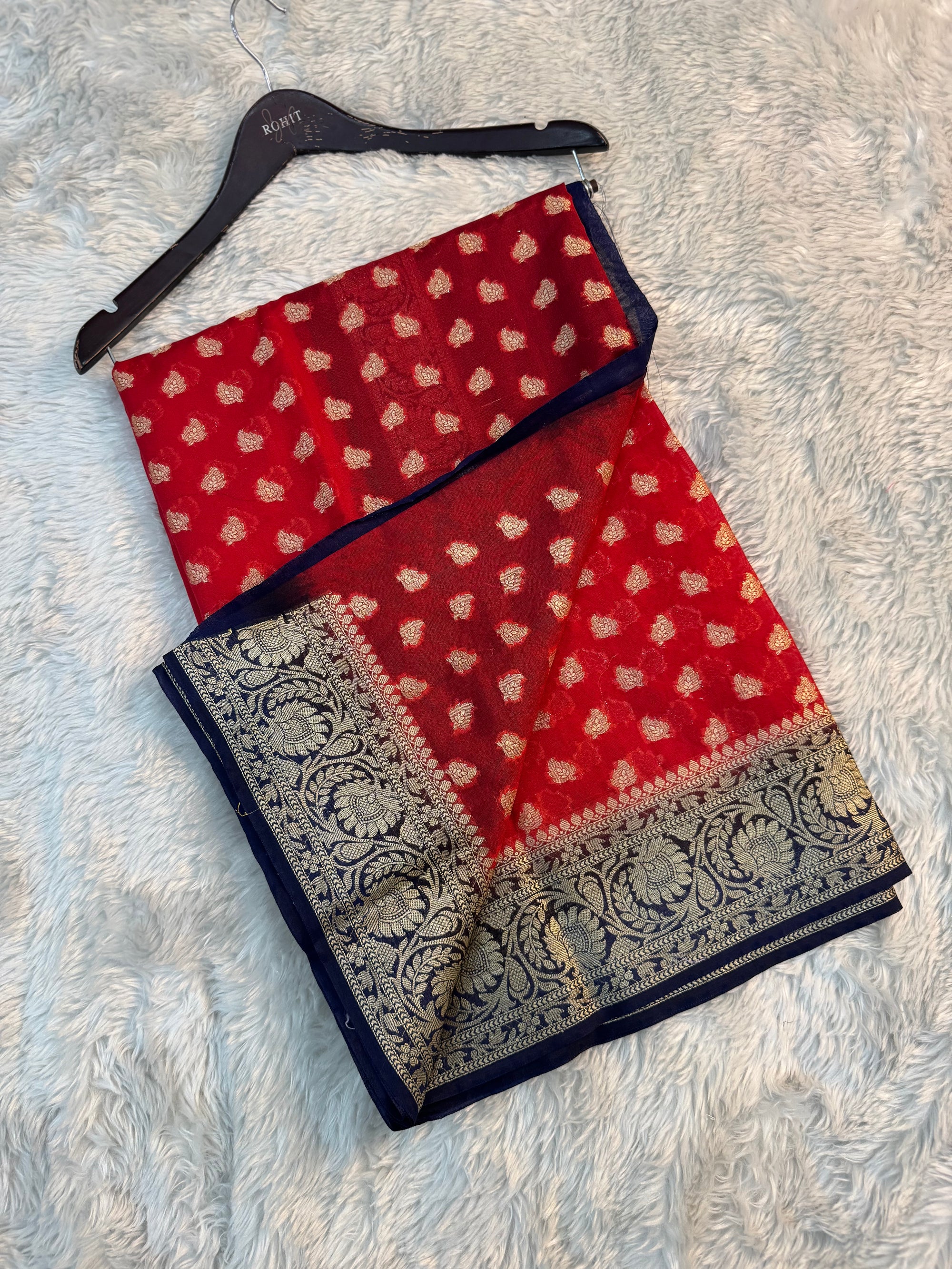 RED AND NEVY BLUE SHADE GEORGETTE BANARASI SAREE