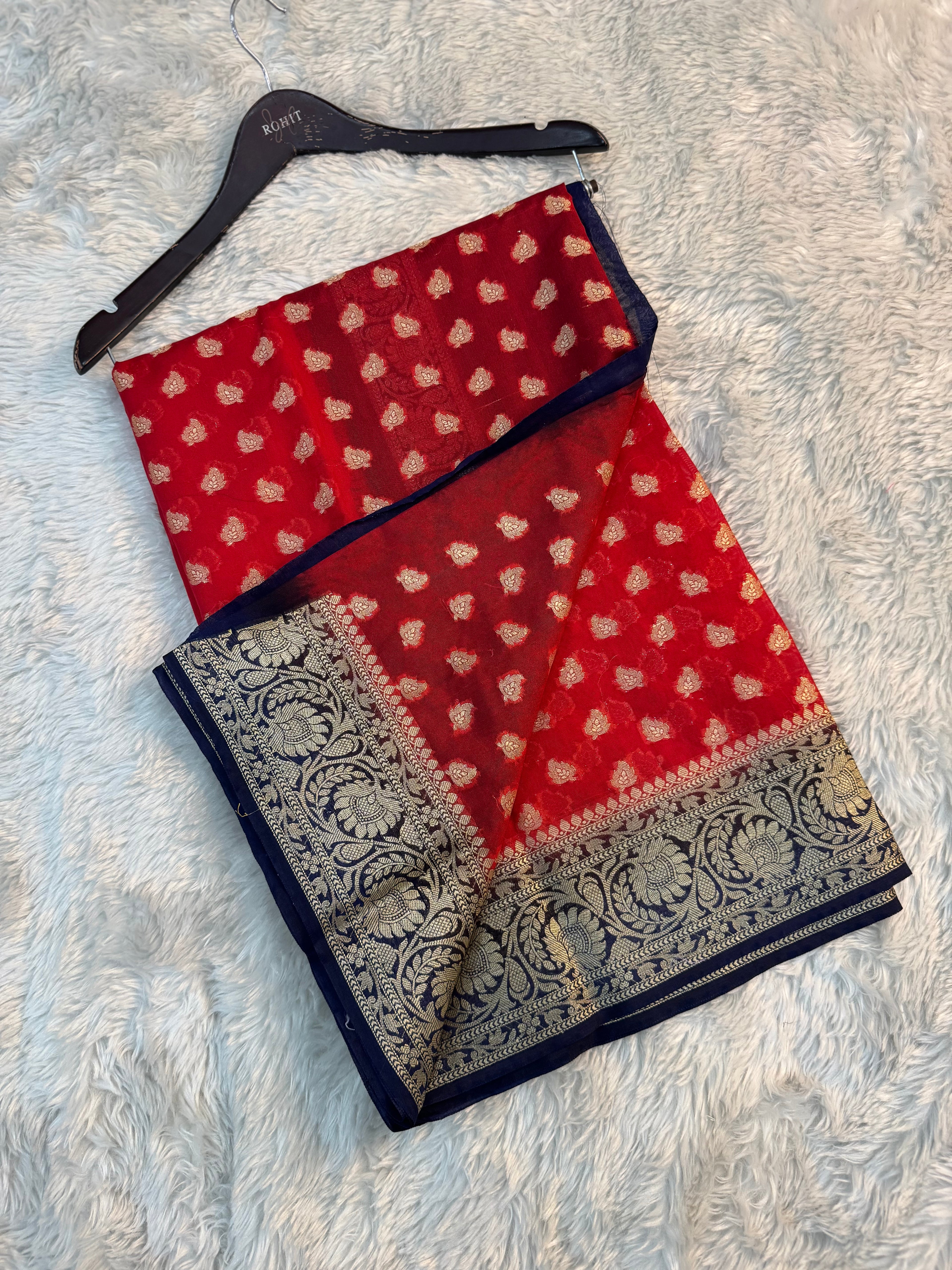RED AND NEVY BLUE SHADE GEORGETTE BANARASI SAREE