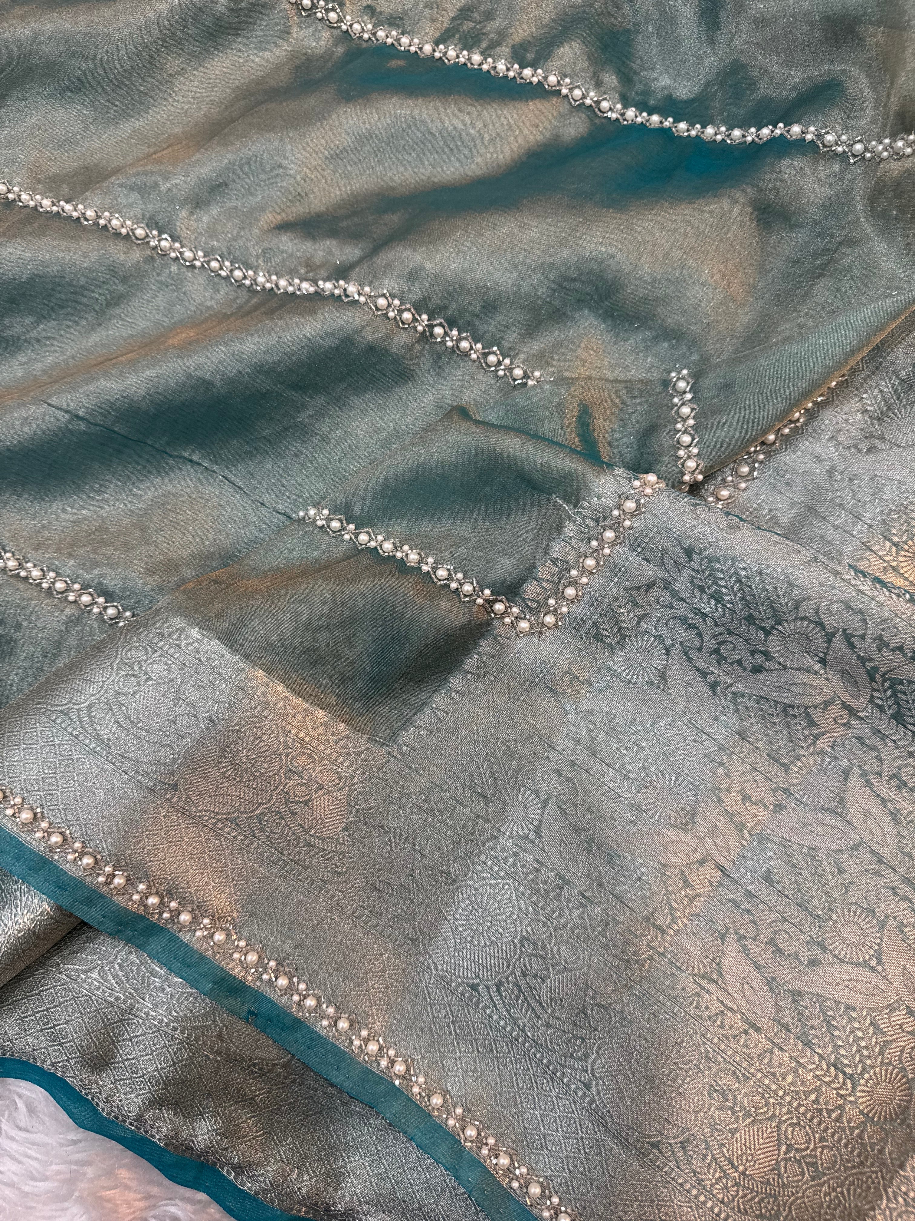 LUXURIOUS AQUA BLUE SHADE SOFT TISSUE SILK WITH PREMIUM ZARDOZI AND LACE WORK