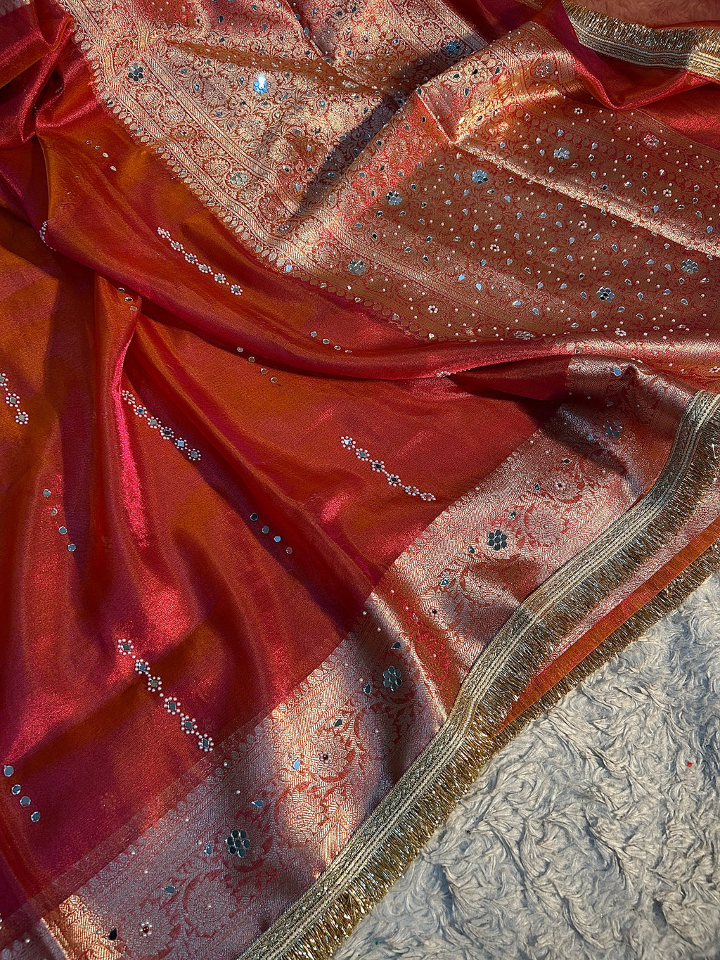 EXCLUSIVE PINK AND ORANGE SHADE SOFT TISSUE SILK MIRROR WORK DESIGNER SAREE