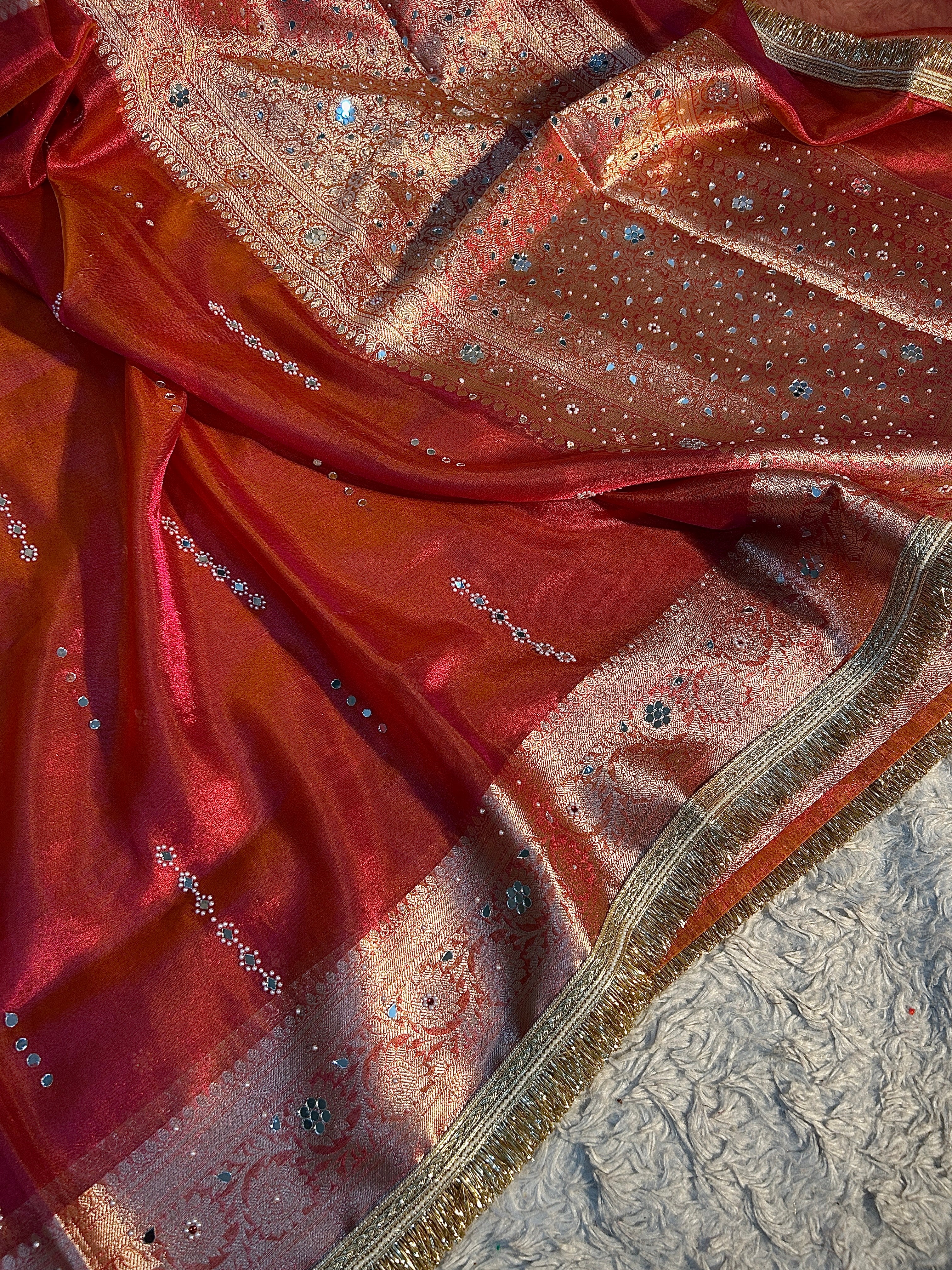 EXCLUSIVE PINK AND ORANGE SHADE SOFT TISSUE SILK MIRROR WORK DESIGNER SAREE