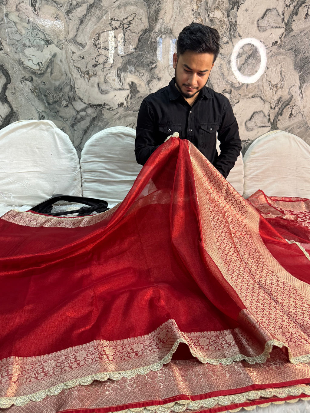 PREMIUM RED SHADE SOFT TISSUE SILK SAREE WITH LACE ATTACHED