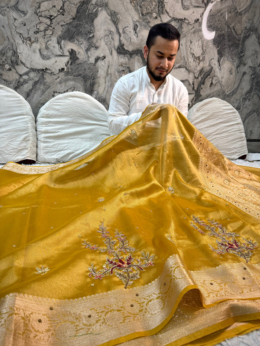LUXURIOUS YELLOW SHADE SOFT TISSUE SILK SAREE WITH PREMIUM ZARDOZI DESIGNER SAREE