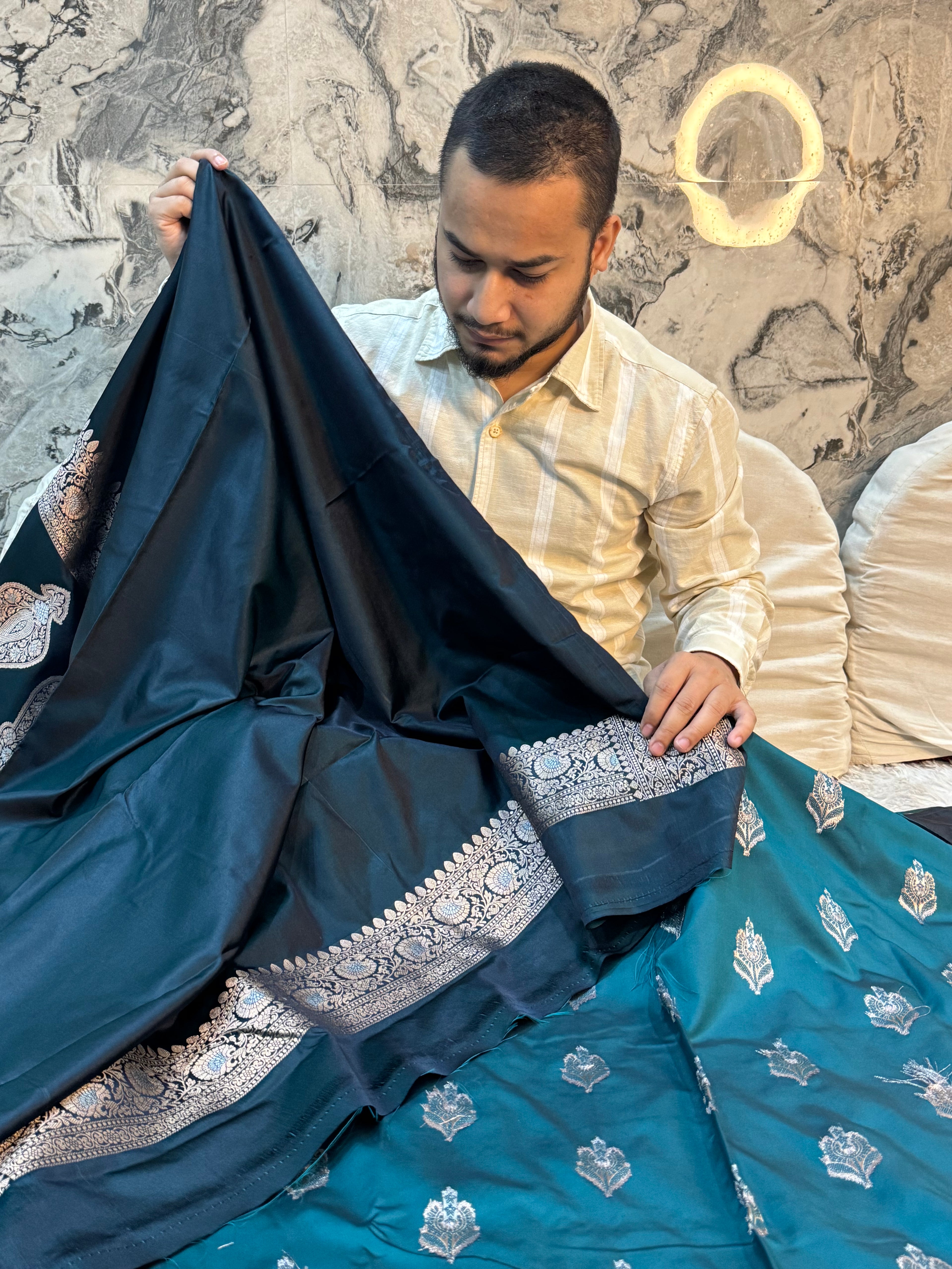 PREMIUM GERMAN BLUE SHADE MASHRU KATAN SILK SAREE
