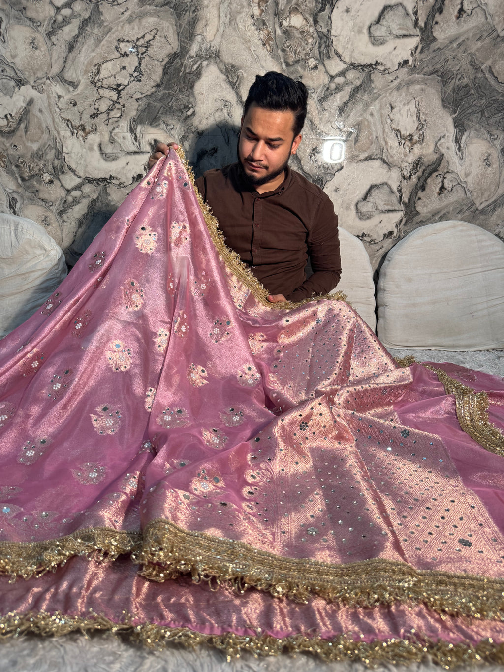EXCLUSIVE BABY PINK SHADE SOFT TISSUE SILK MIRROR WORK DESIGNER SAREE