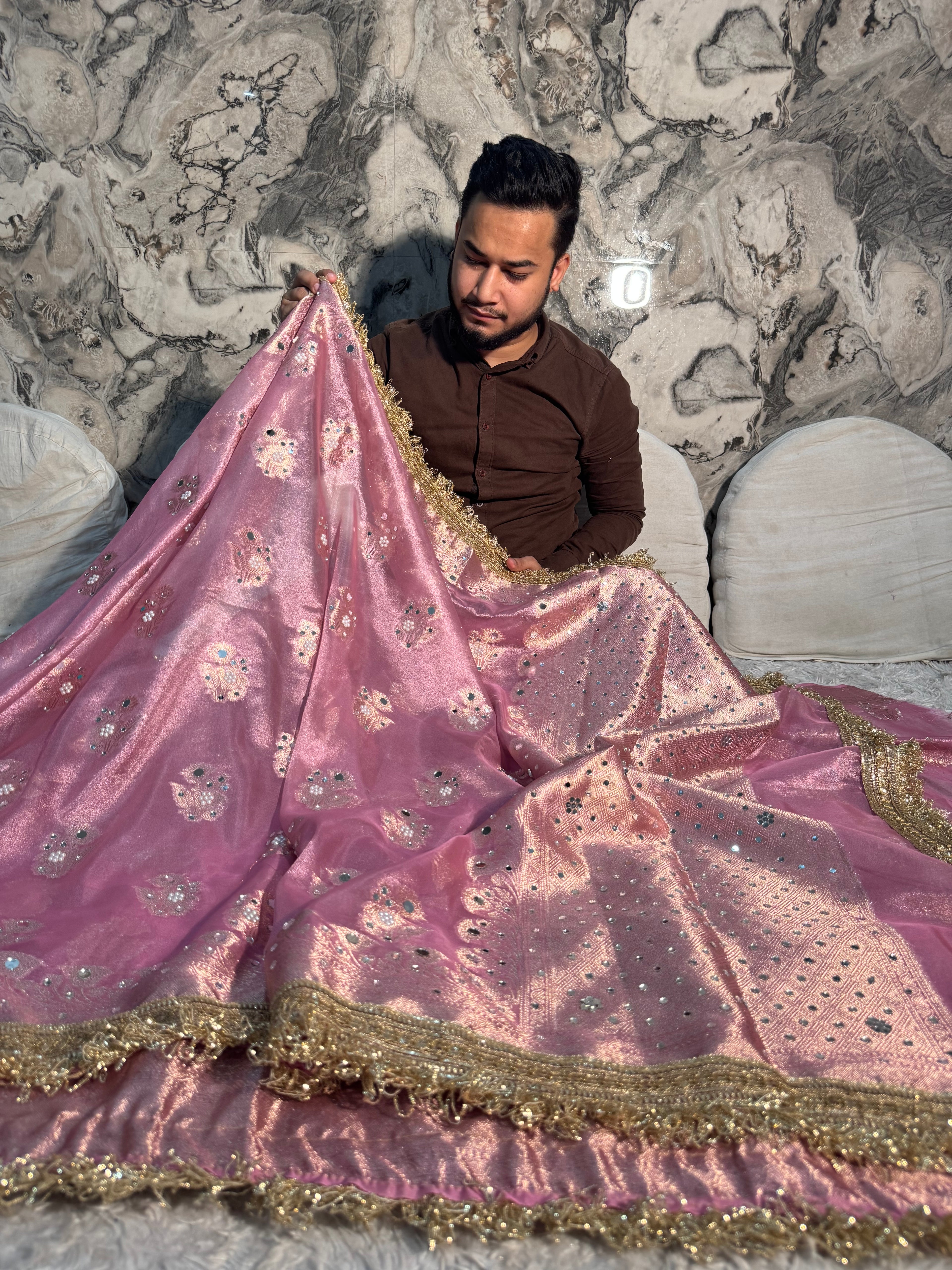 EXCLUSIVE BABY PINK SHADE SOFT TISSUE SILK MIRROR WORK DESIGNER SAREE