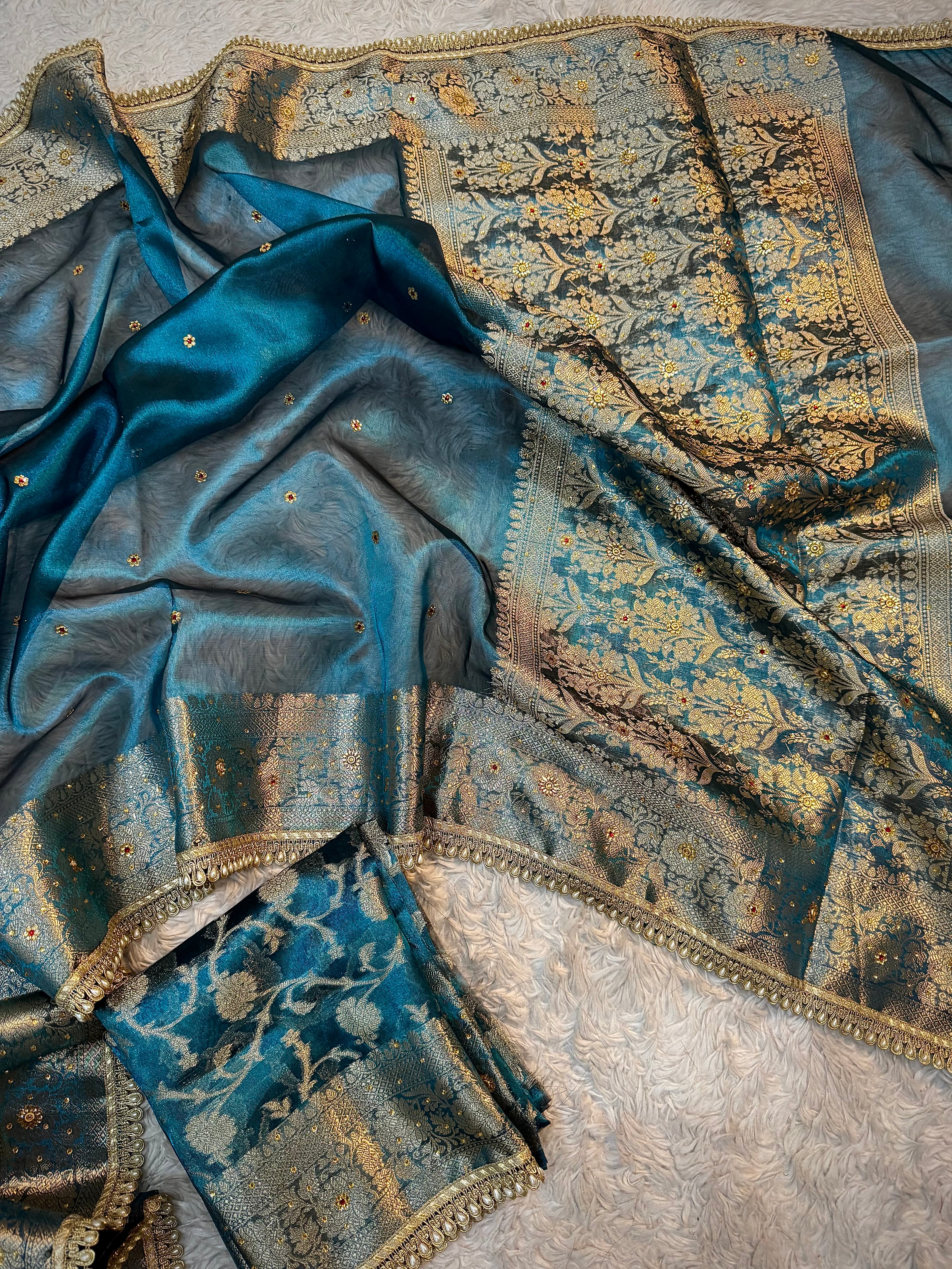 EXCLUSIVE GERMAN BLUE SHADE SOFT TISSUE SILK SAREE DESIGNER HAND STONE WORK WITH LACE ATTACHED