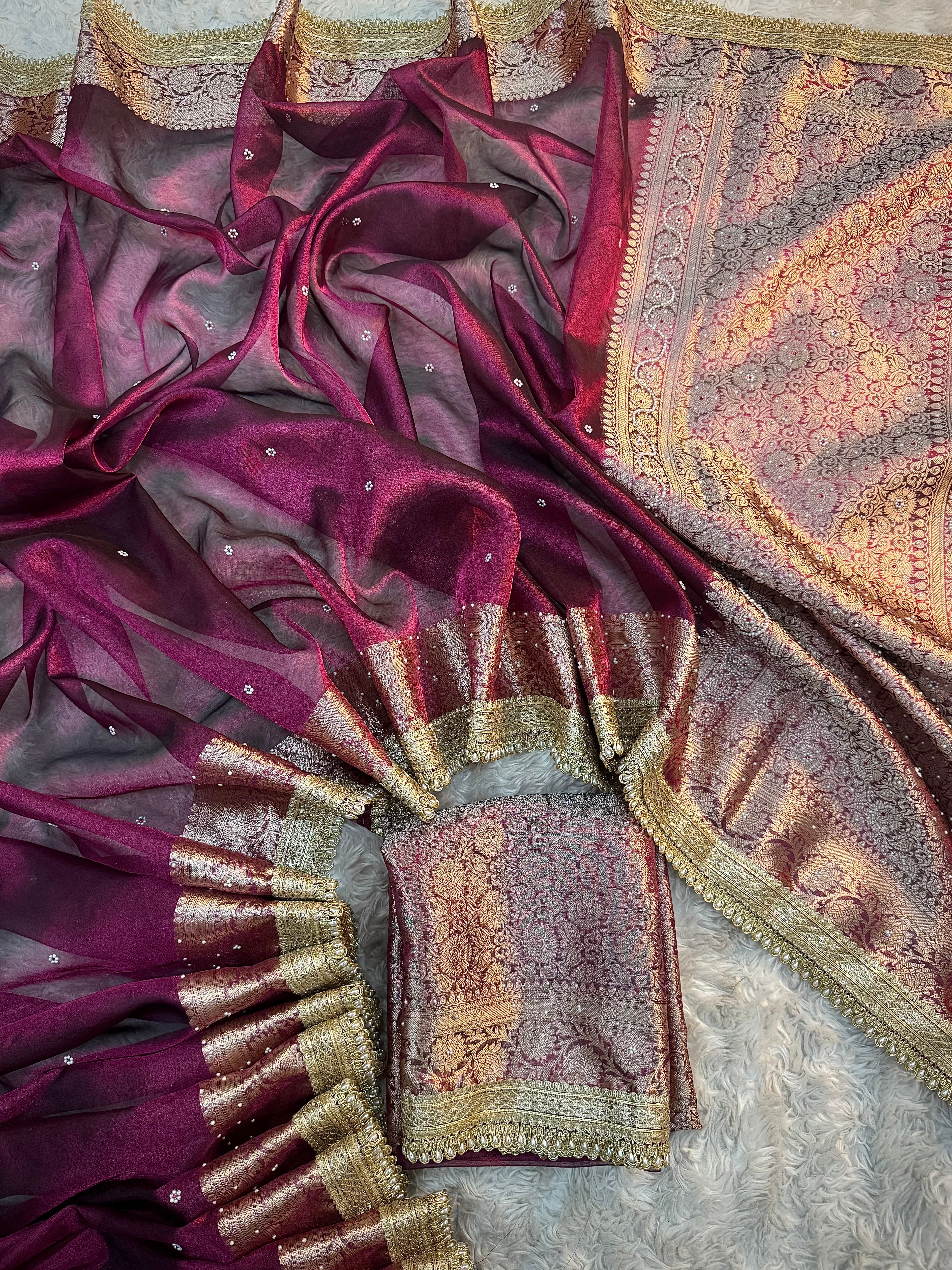 EXCLUSIVE HOT WINE SHADE SOFT TISSUE SILK SAREE DESIGNER HAND STONE WORK WITH LACE ATTACHED