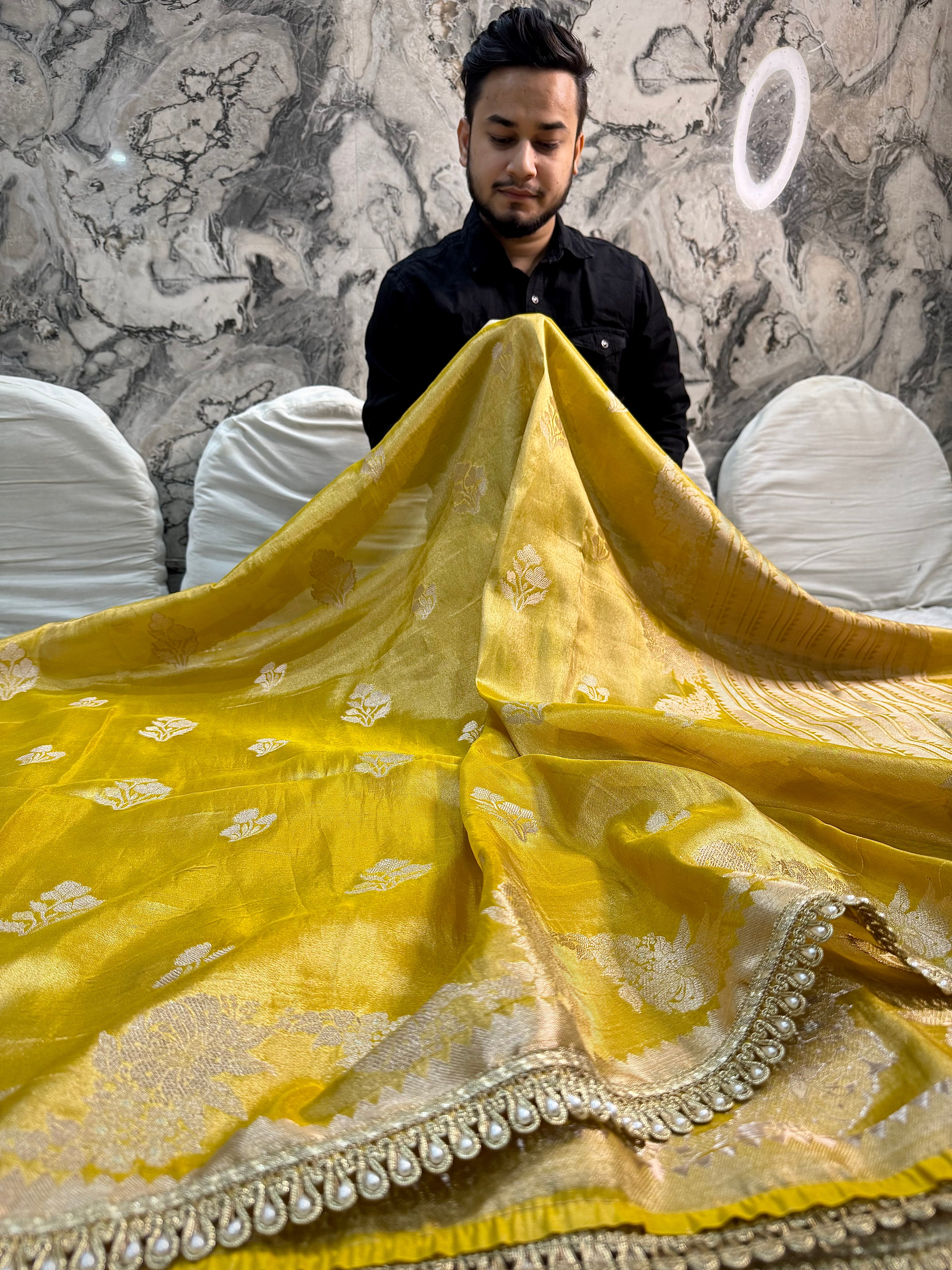 EXCLUSIVE YELLOW SHADE SOFT KATAN TISSUE SILK SAREE WITH DESIGNER LACE ATTACHED