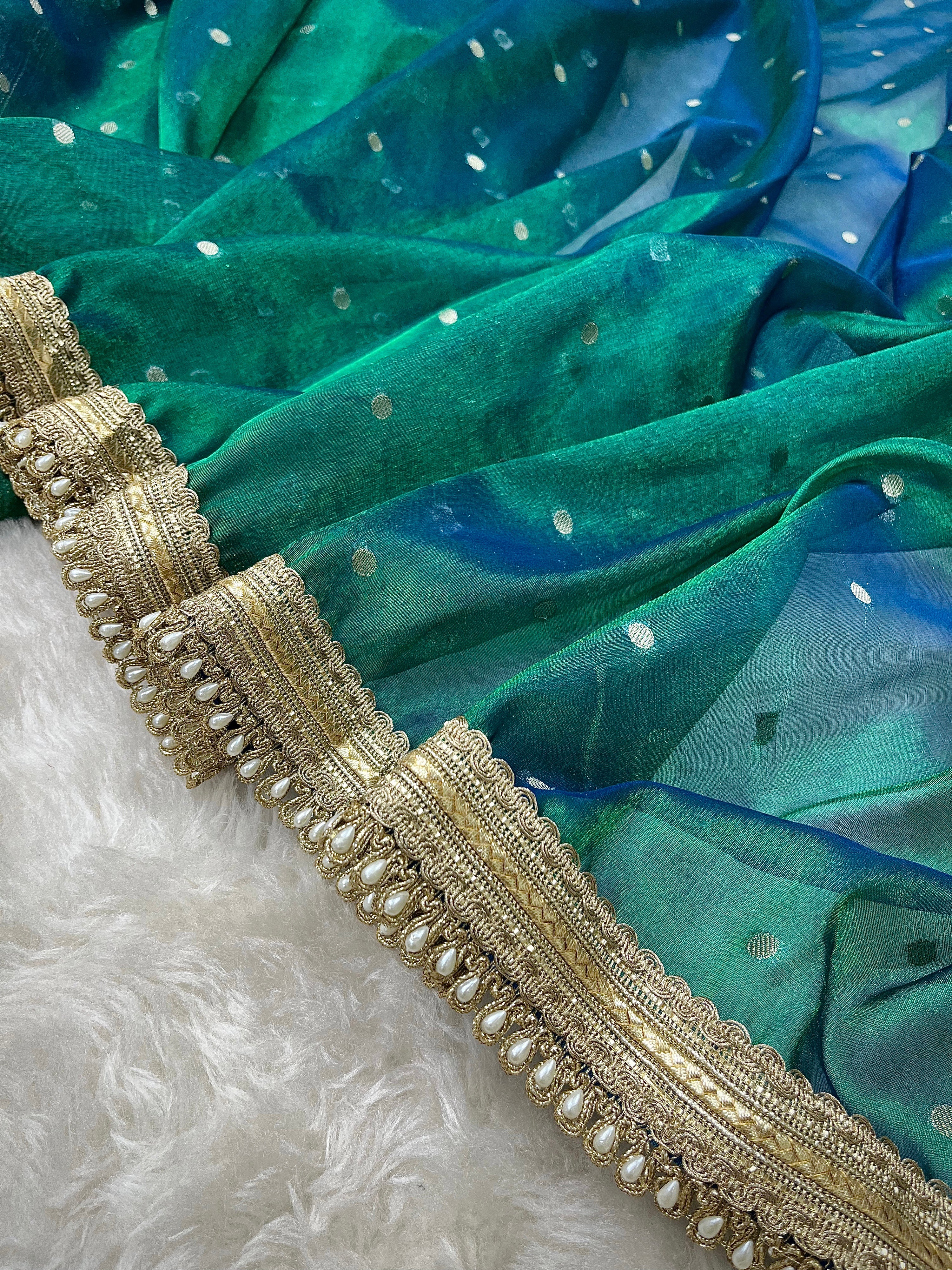 PREMIUM PEACOCK SHADE DESIGNER TISSUE SILK BOOTI SAREE WITH LACE ATTACHED