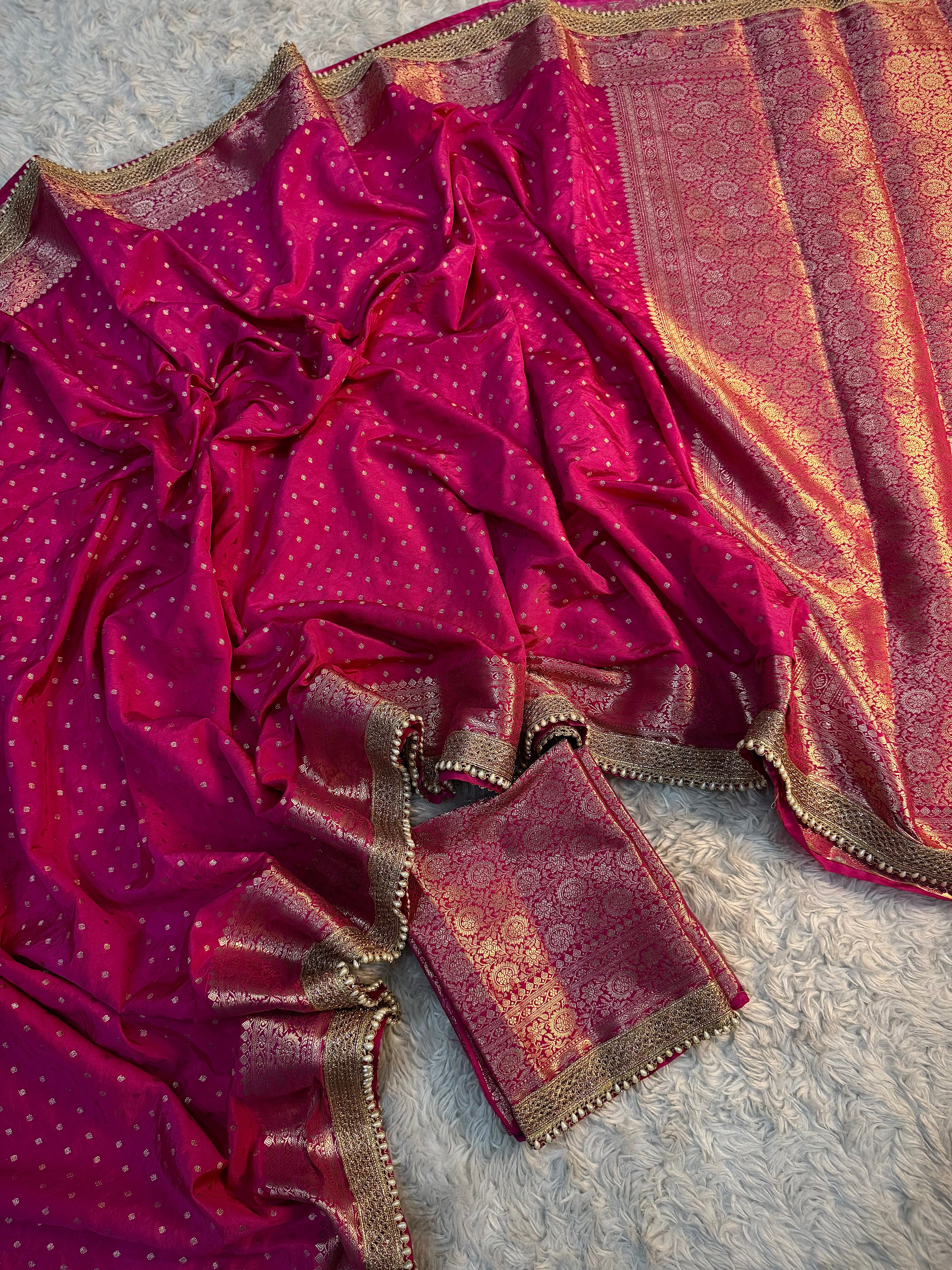 PREMIUM RANI SHADE GEORGETTE KATAN SILK SAREE WITH MOTI LACE ATTACHED