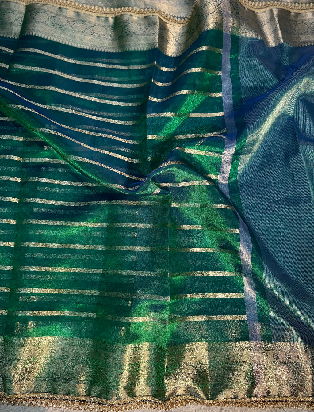 RARE PEACOCK SHADE SOFT TISSUE SILK DESIGNER SAREE