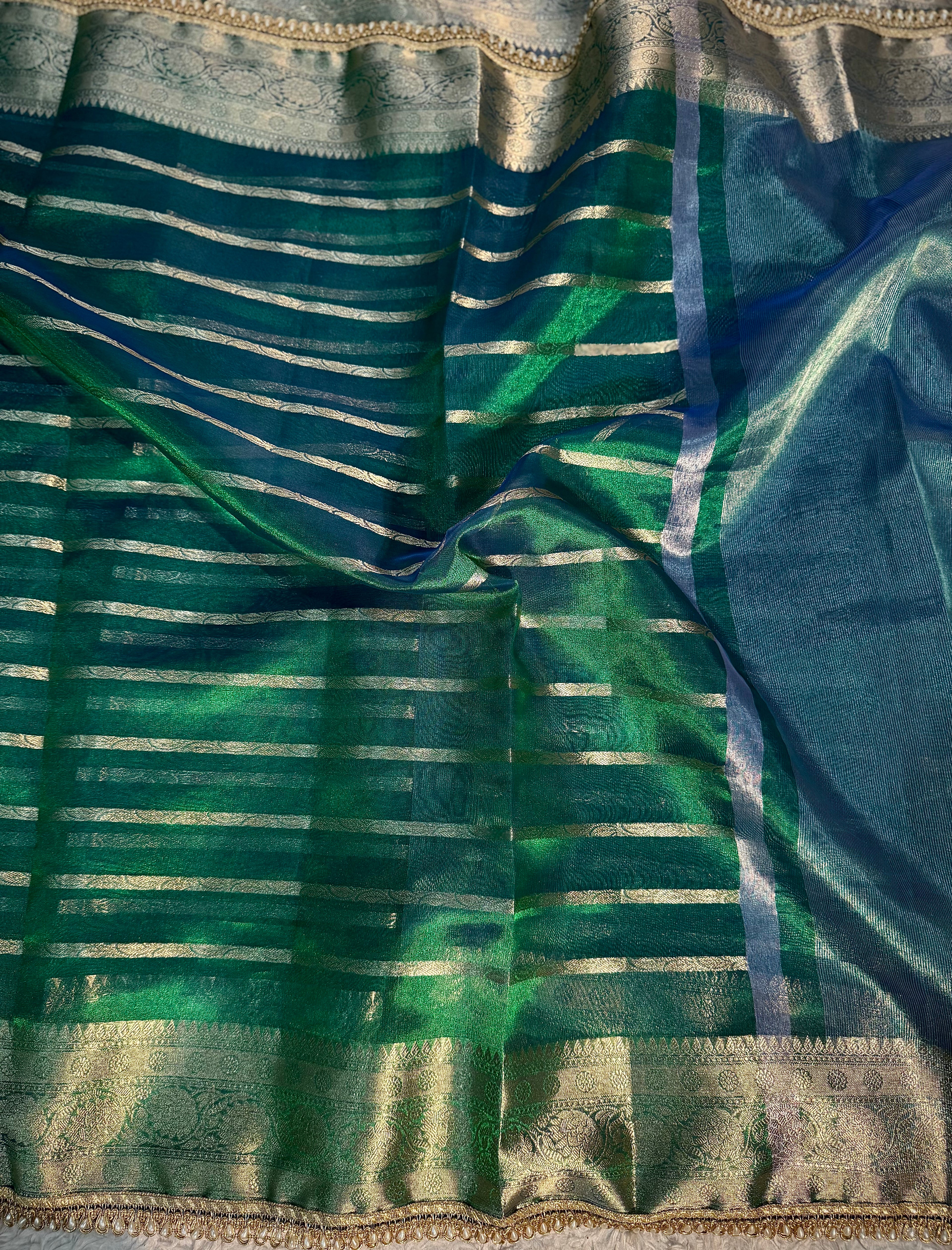 RARE PEACOCK SHADE SOFT TISSUE SILK DESIGNER SAREE