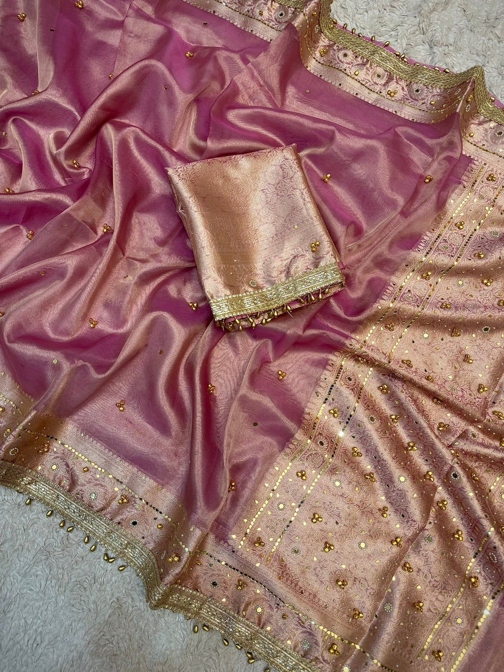 PREMIUM BABY PINK SHADE SOFT BANARASI TISSUE SILK GHUNGROO WORK WITH MIRROR WORK DESIGNER SAREE