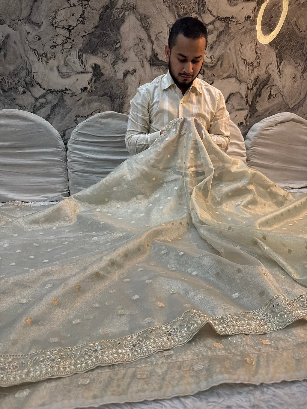 LUXURIOUS IVORY SHADE DESIGNER SOFT TISSUE SILK BOOTI SAREE WITH  LACE ATTACHED