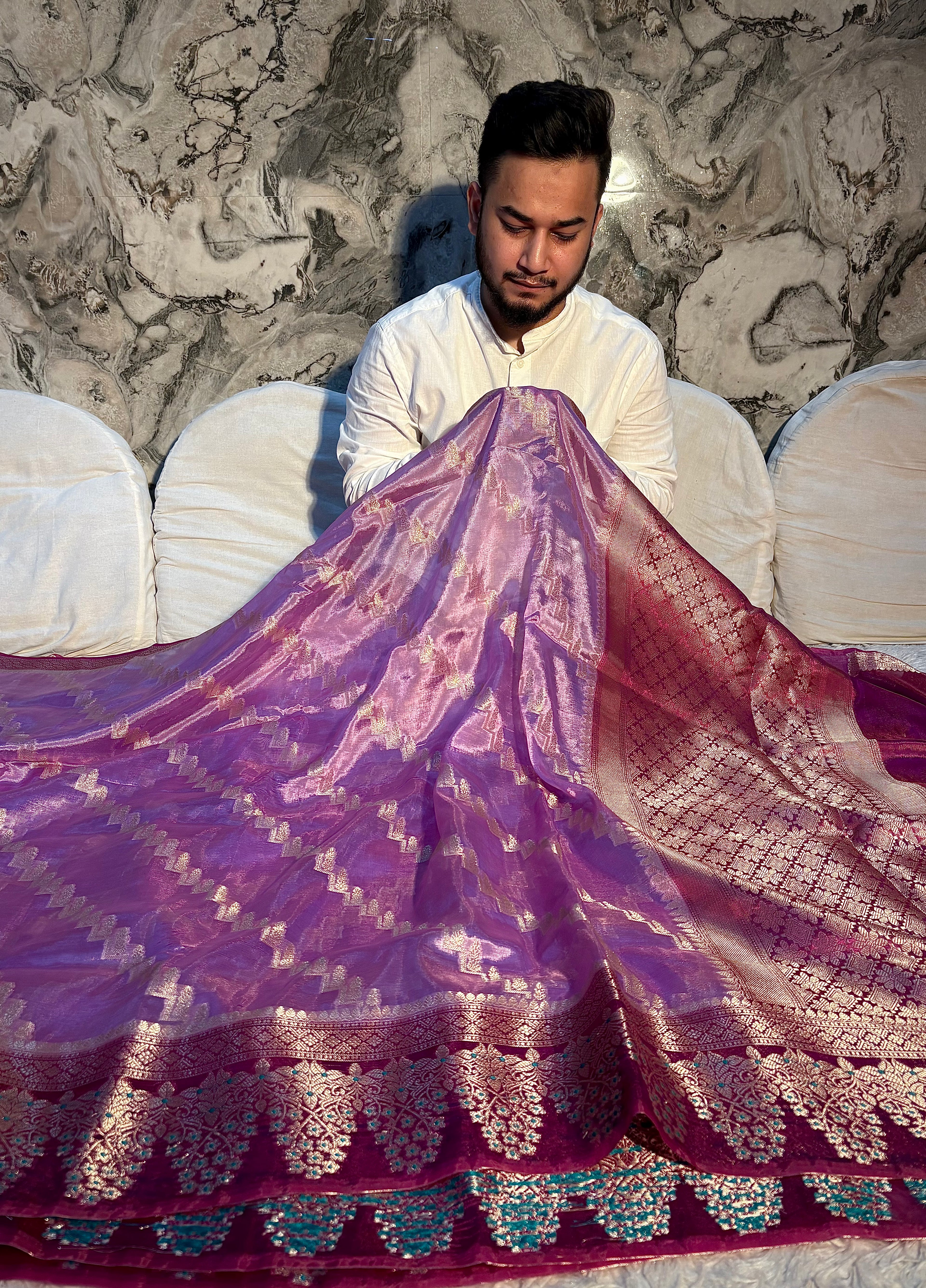 PREMIUM LAVENDER WITH MAROON BANARASI PAPER SILK SAREE WITH MEENAKARI BORDER