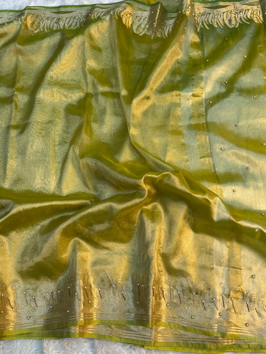 PREMIUM PISTA GREEN SHADE HANDWORK TISSUE SILK CUTWORK SAREE