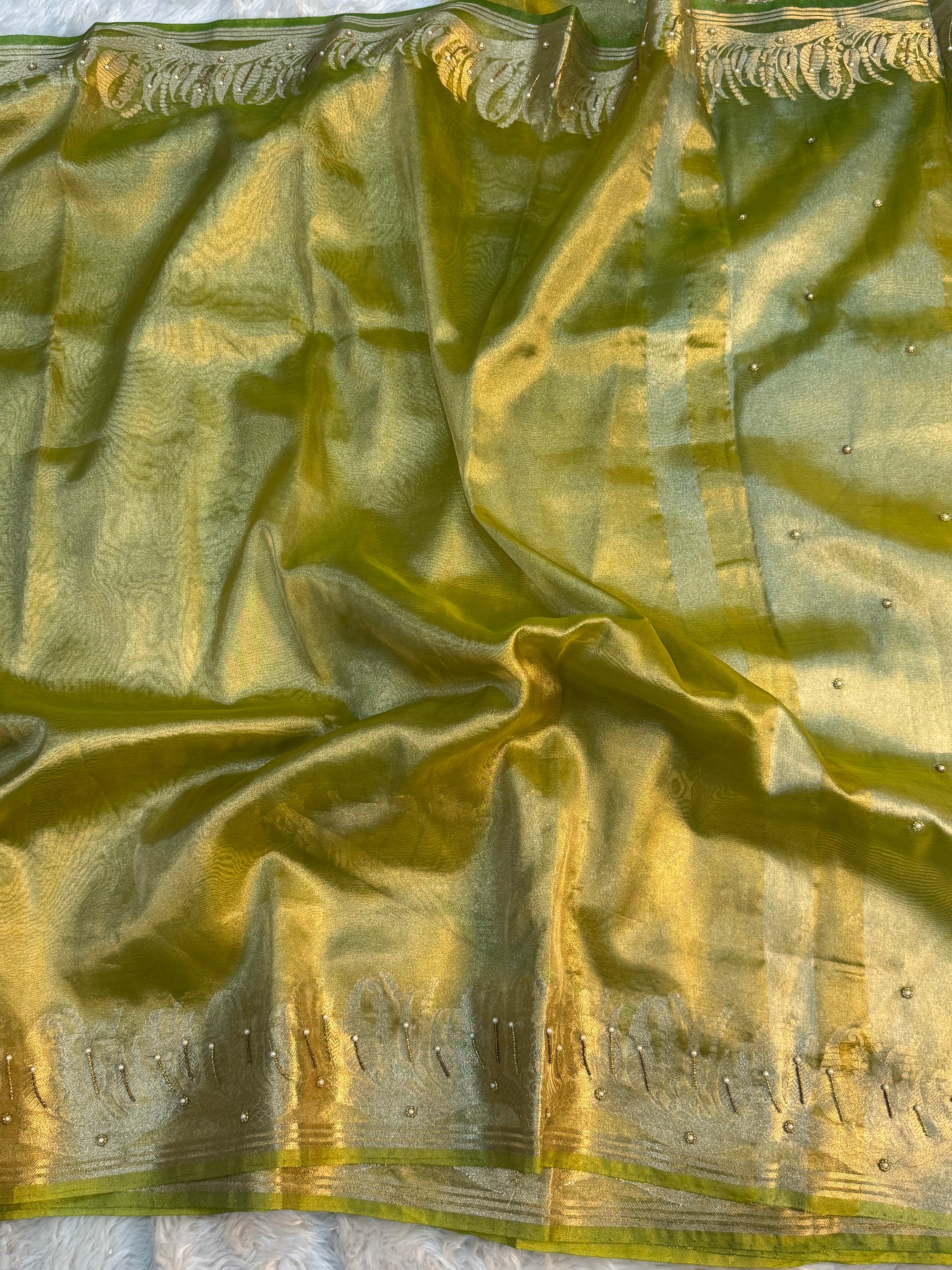 PREMIUM PISTA GREEN SHADE HANDWORK TISSUE SILK CUTWORK SAREE