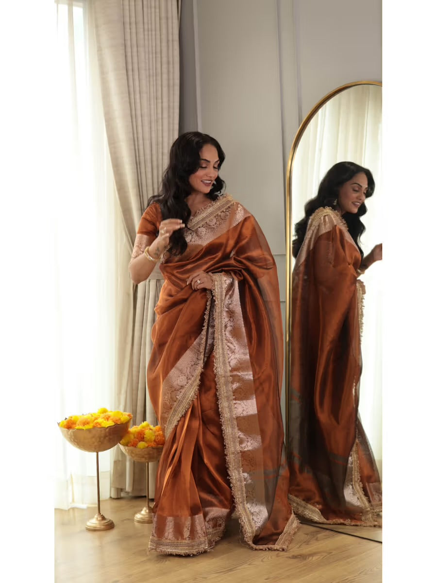 PREMIUM COPPER SHADE SOFT TISSUE SILK SAREE WITH LACE ATTACHED