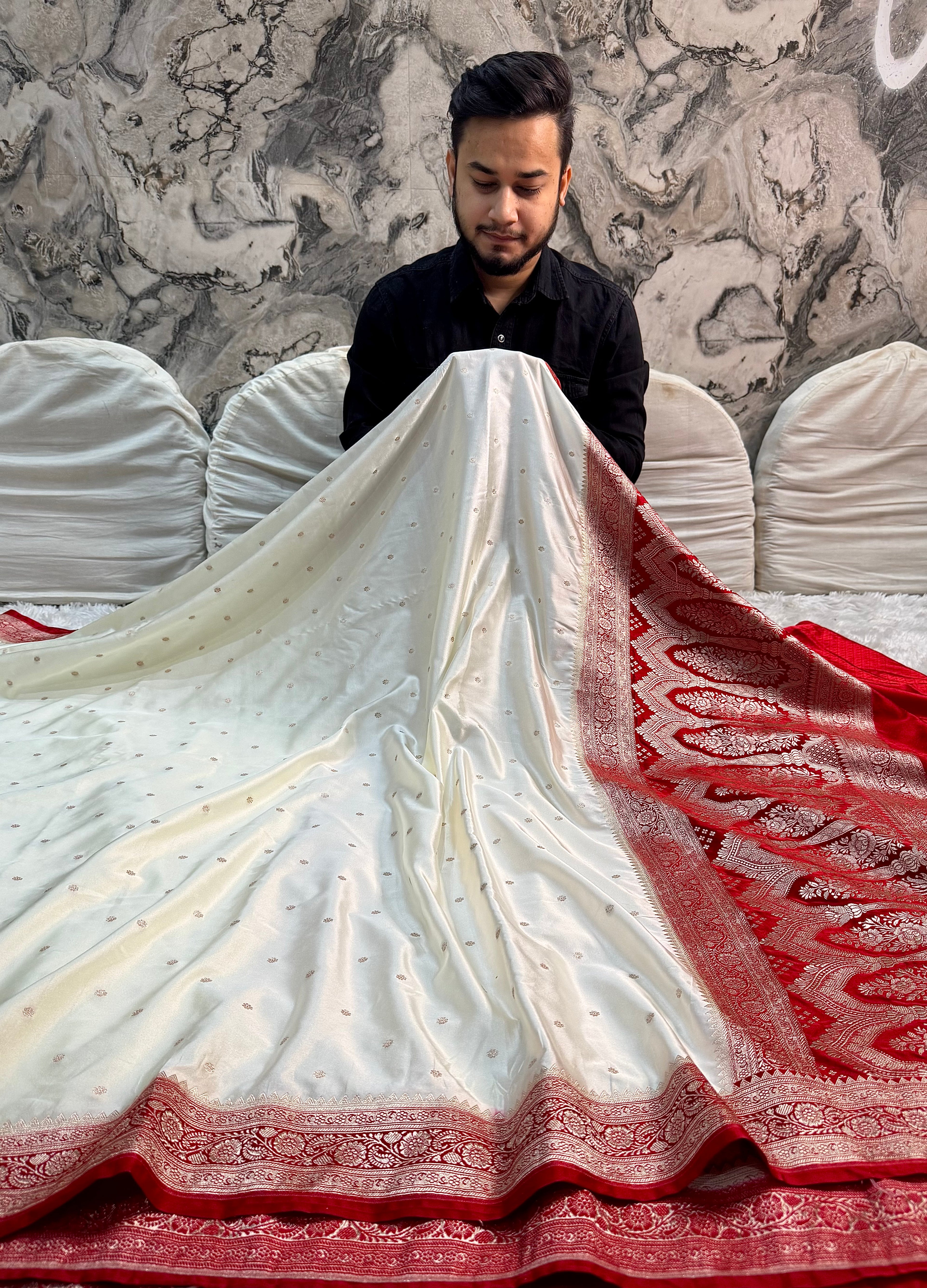 PREMIUM OFF WHITE AND RED SHADE MASHRU KATAN SILK SAREE