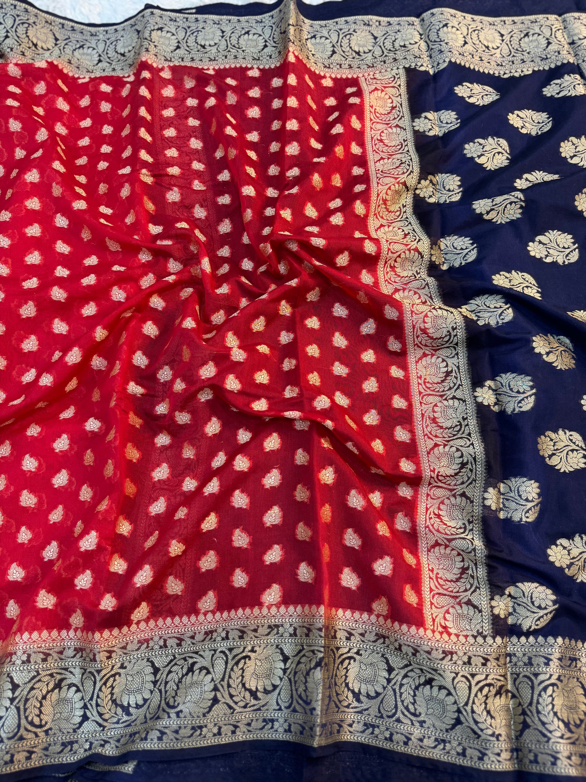 RED AND NEVY BLUE SHADE GEORGETTE BANARASI SAREE