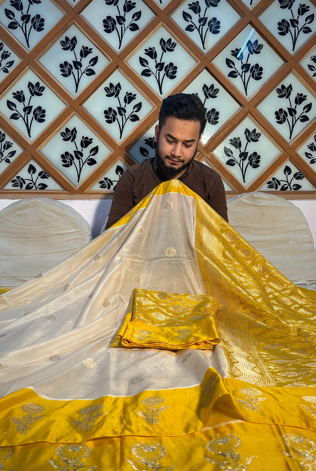 PREMIUM OFF WHITE WITH YELLOW SHADE BANARASI VISCOSE SILK WITH SATIN BORDER