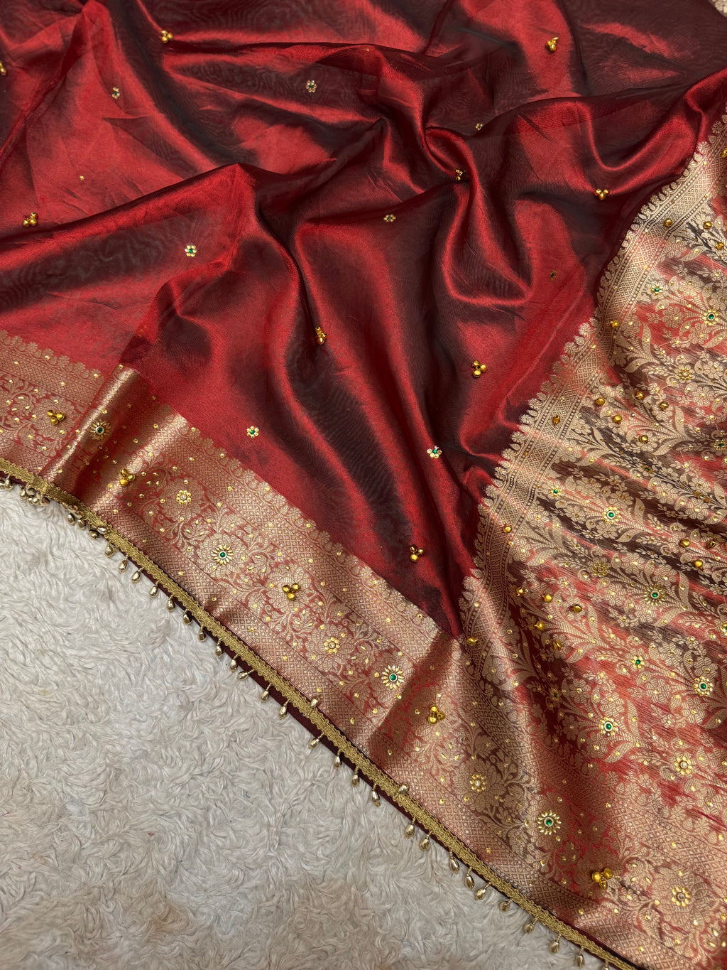 PREMIUM MAROON SHADE GHUNGROO WORK SOFT BANARASI TISSUE SILK DESIGNER SAREE