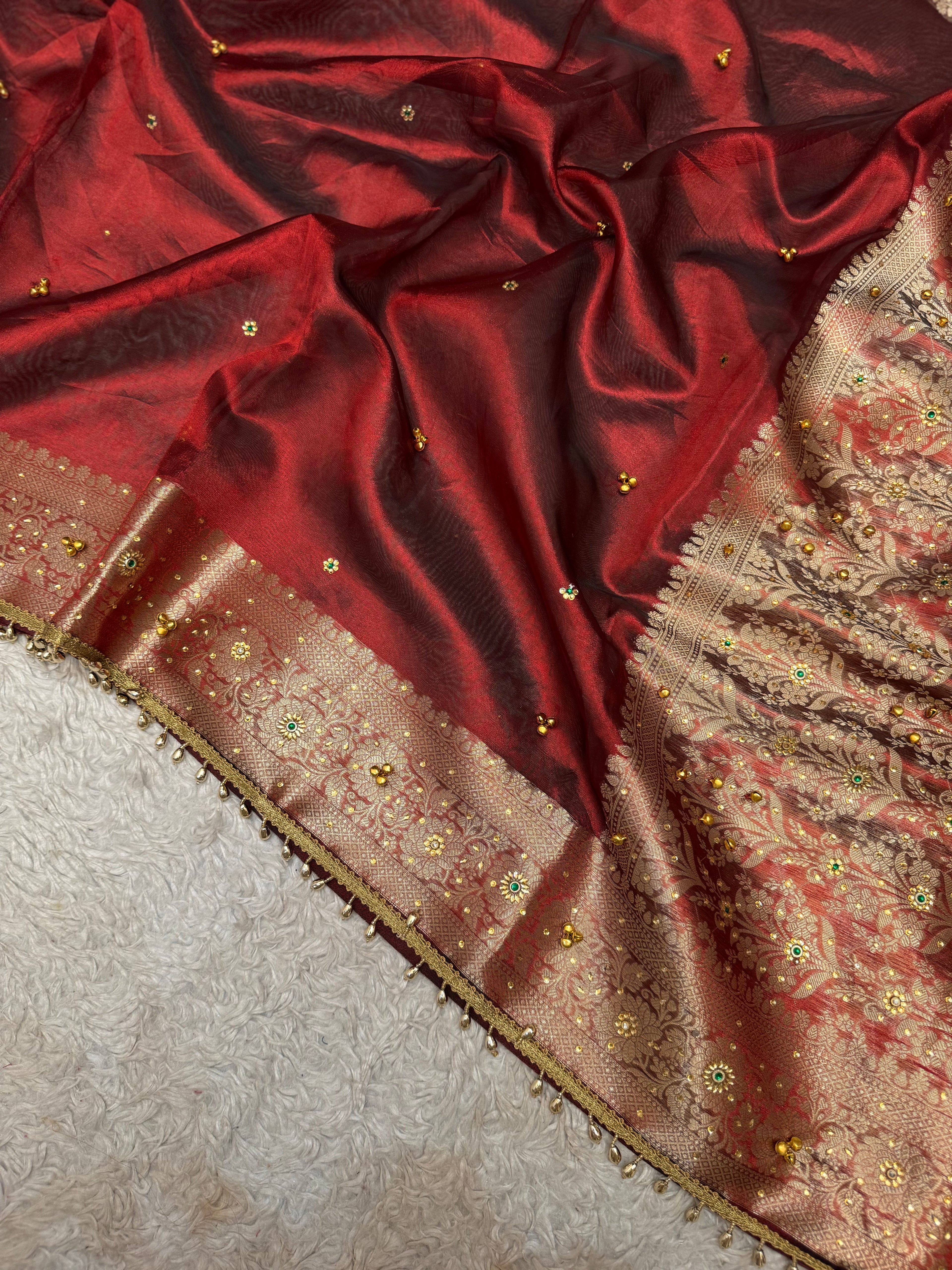 PREMIUM MAROON SHADE GHUNGROO WORK SOFT BANARASI TISSUE SILK DESIGNER SAREE