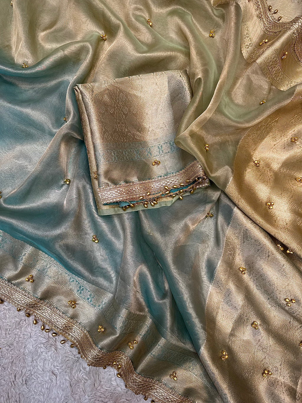 PREMIUM LIGHT PISTA & SKY BLUE SOFT BANARASI TISSUE SILK GHUNGROO WORKS SAREE