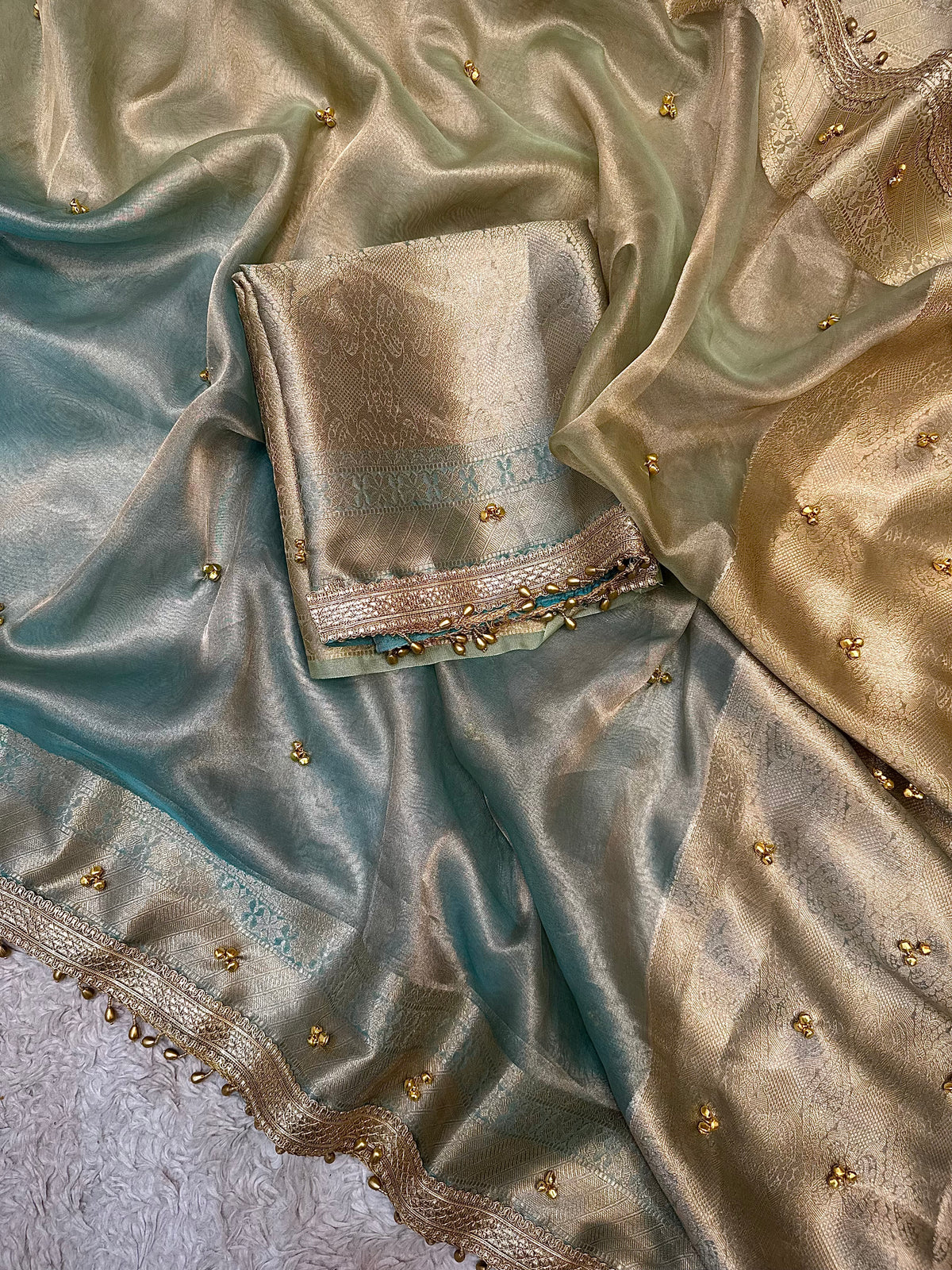 PREMIUM LIGHT PISTA & SKY BLUE SOFT BANARASI TISSUE SILK GHUNGROO WORKS SAREE