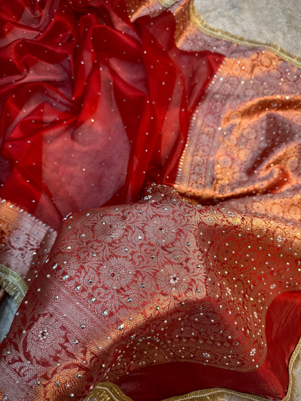 PREMIUM BRIDAL RED SOFT TISSUE SILK STONE WORK DESIGNER SAREE