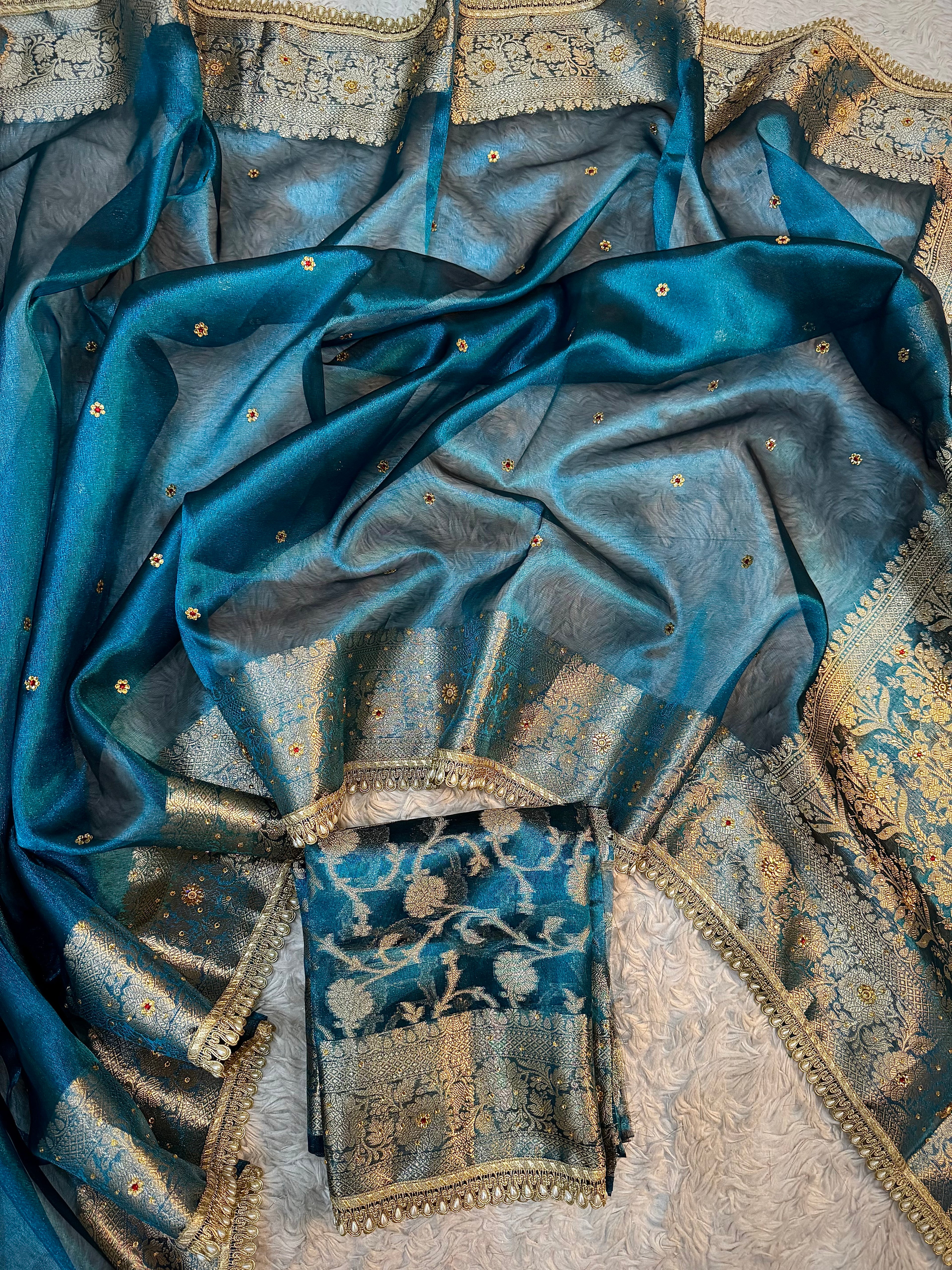 EXCLUSIVE GERMAN BLUE SHADE SOFT TISSUE SILK SAREE DESIGNER HAND STONE WORK WITH LACE ATTACHED