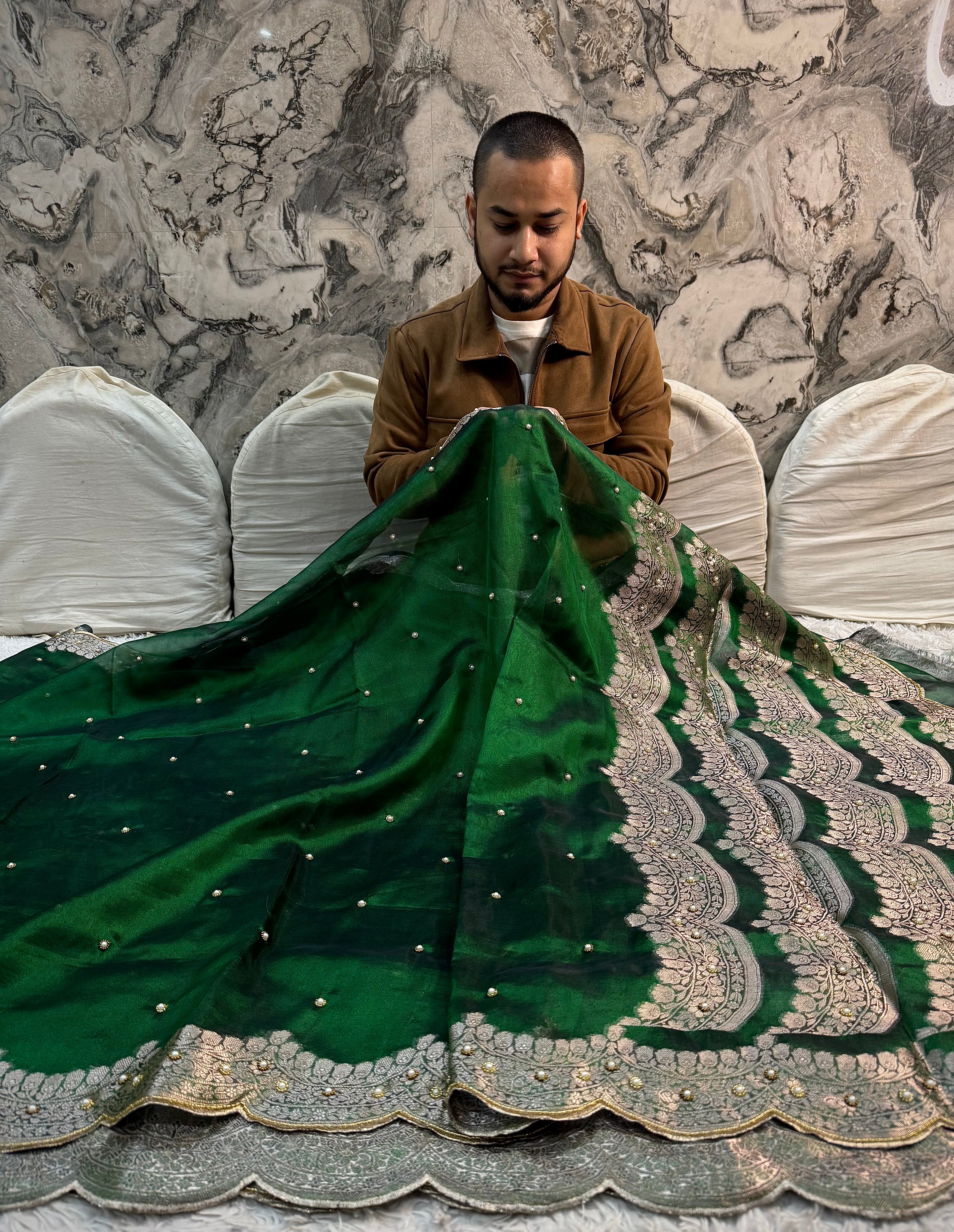 PREMIUM EMERALD GREEN SHADE HANDWORK TISSUE SILK CUTWORK SAREE