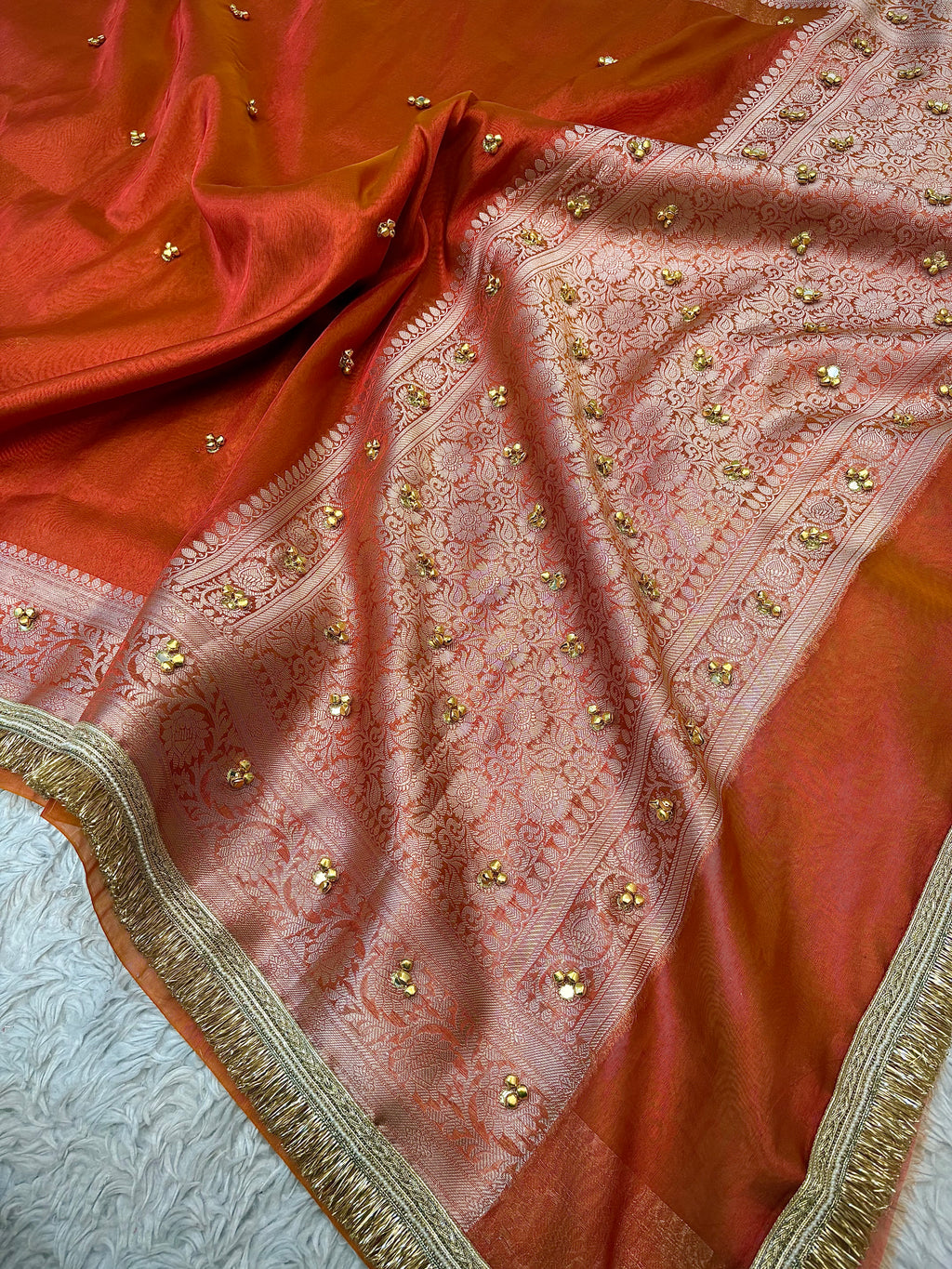 PREMIUM RUST SHADE GHUNGROO WORK SOFT BANARASI TISSUE SILK DESIGNER SAREE