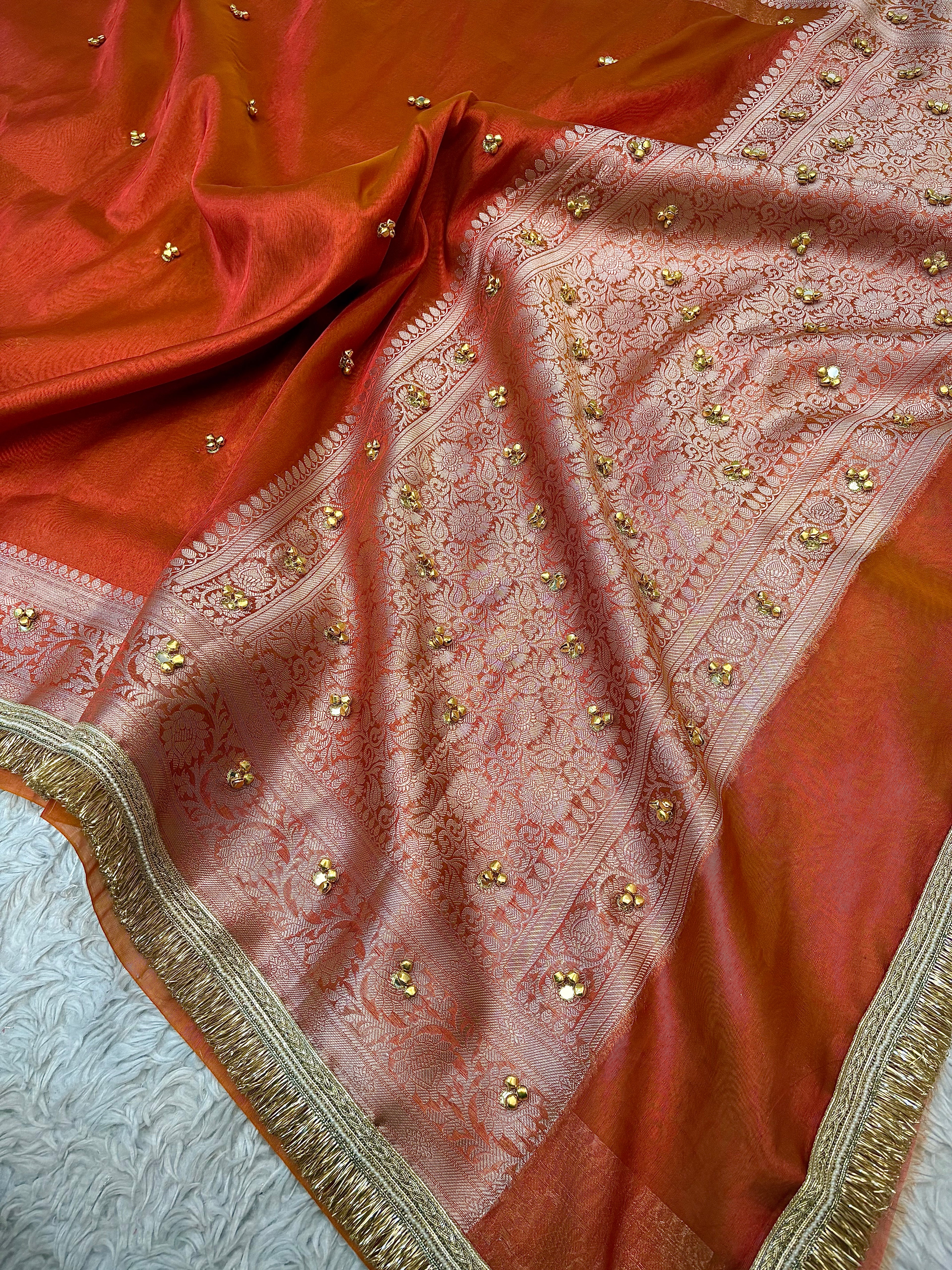 PREMIUM RUST SHADE GHUNGROO WORK SOFT BANARASI TISSUE SILK DESIGNER SAREE