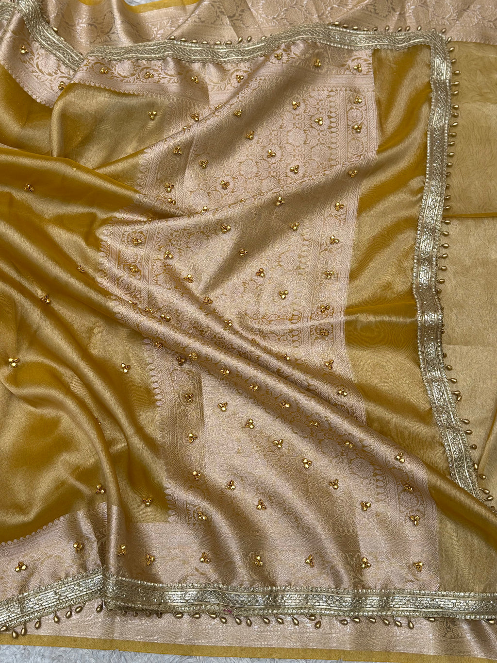 PREMIUM YELLOW SHADE GHUNGROO WORK SOFT BANARASI TISSUE SILK DESIGNER SAREE