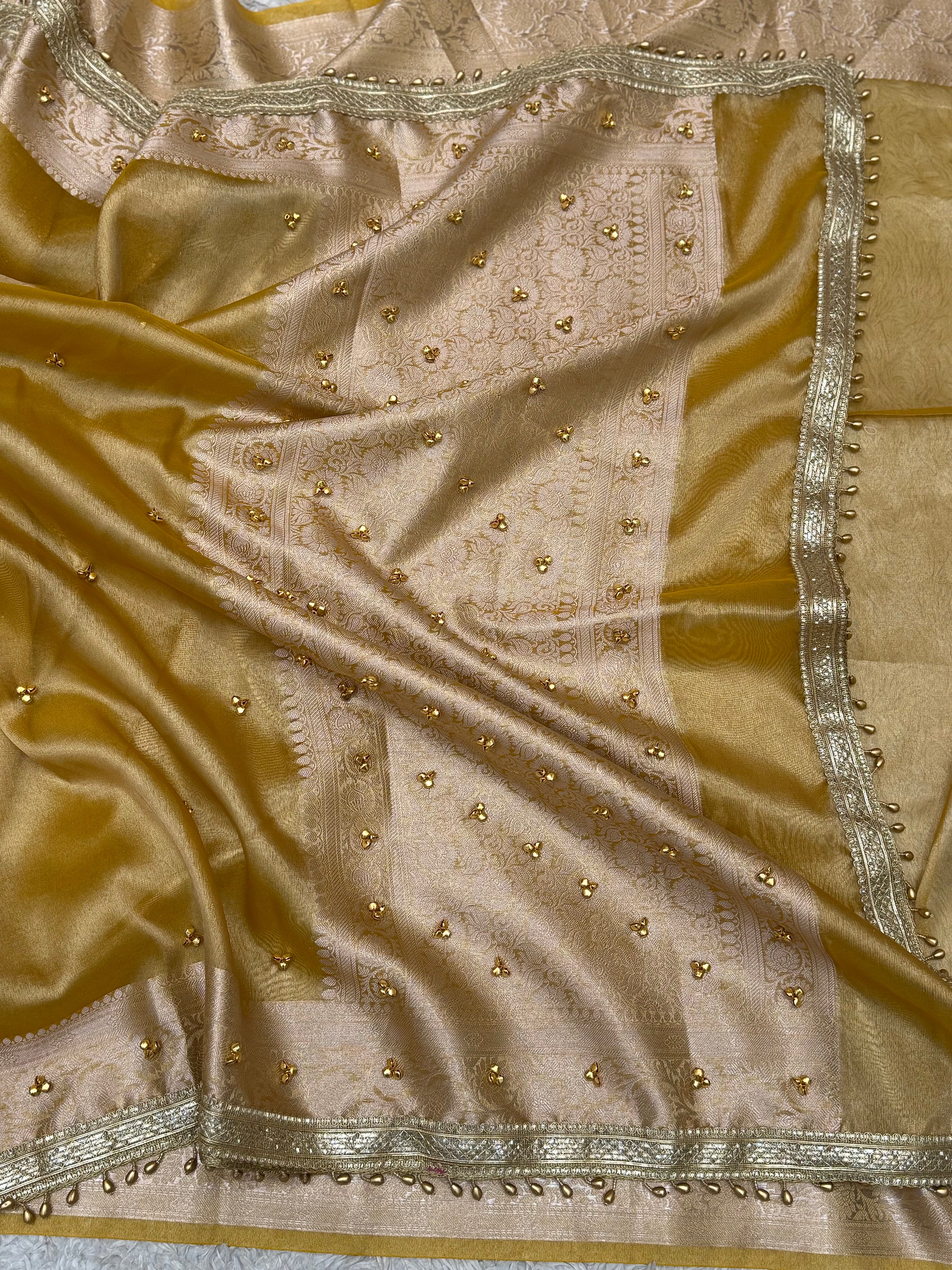PREMIUM YELLOW SHADE GHUNGROO WORK SOFT BANARASI TISSUE SILK DESIGNER SAREE
