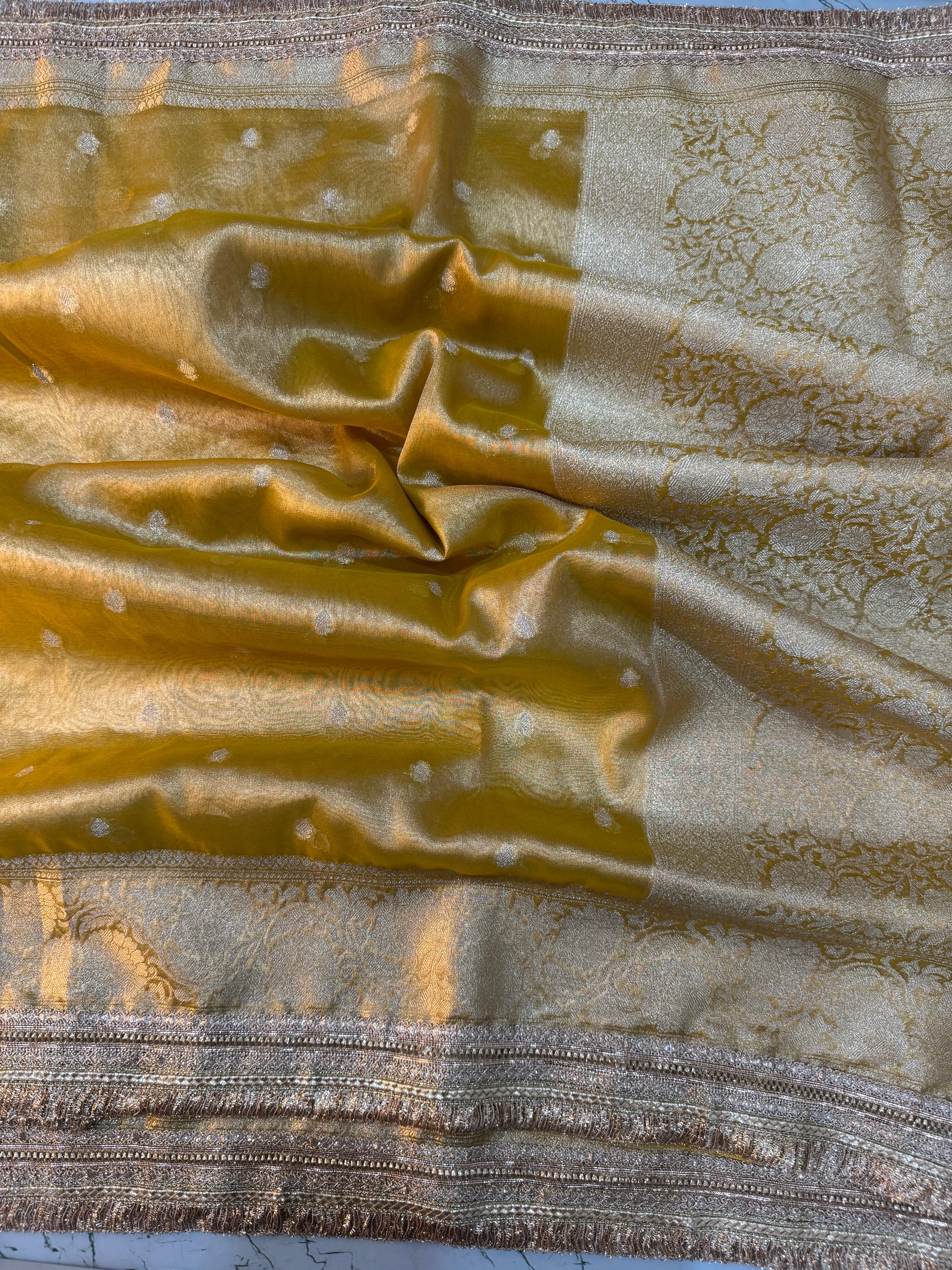 LUXURIOUS YELLOW SHADE DESIGNER TISSUE SILK BOOTI SAREE