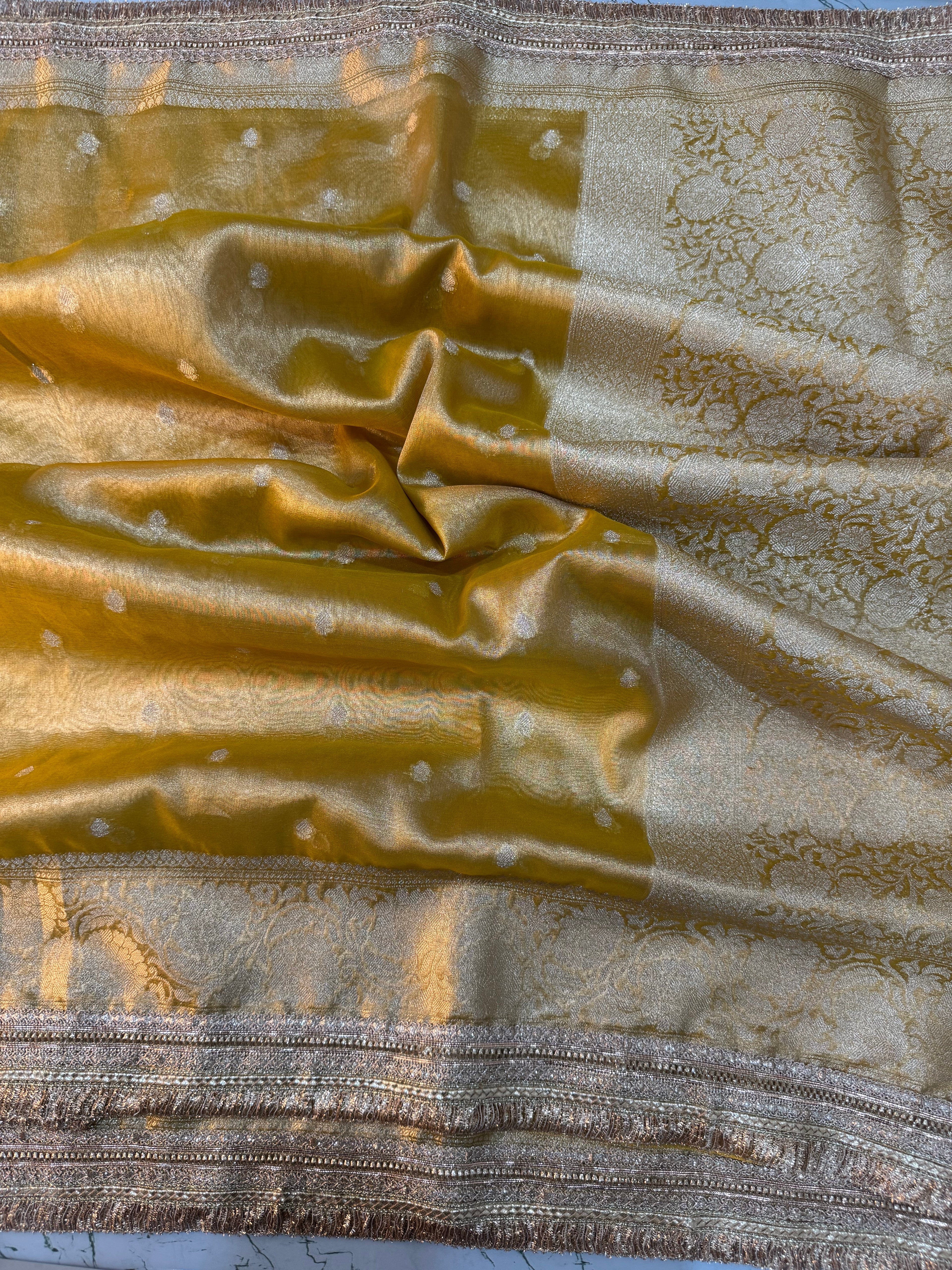 LUXURIOUS YELLOW SHADE DESIGNER TISSUE SILK BOOTI SAREE