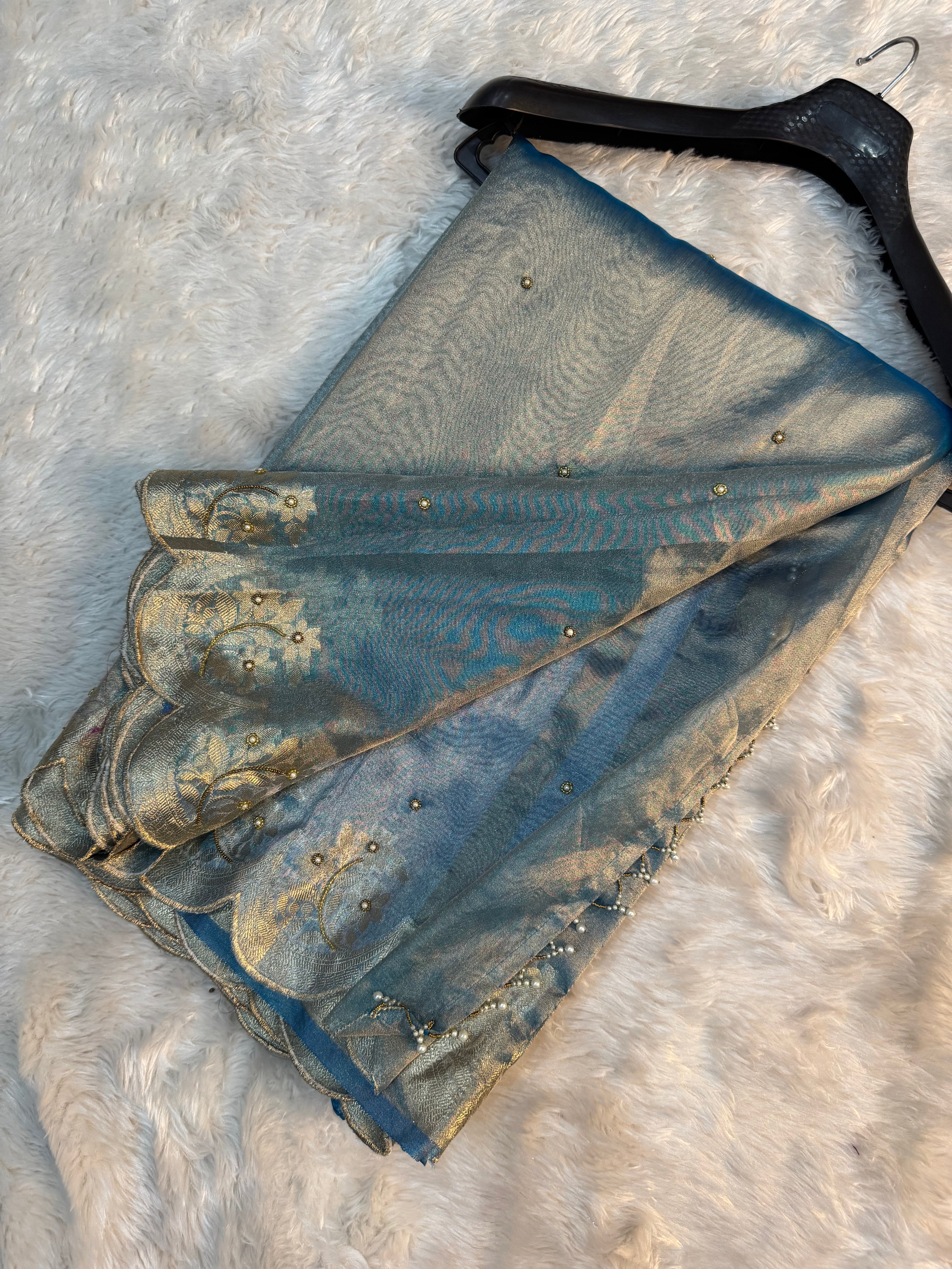 PREMIUM AQUA BLUE SHADE HANDWORK TISSUE SILK CUTWORK SAREE