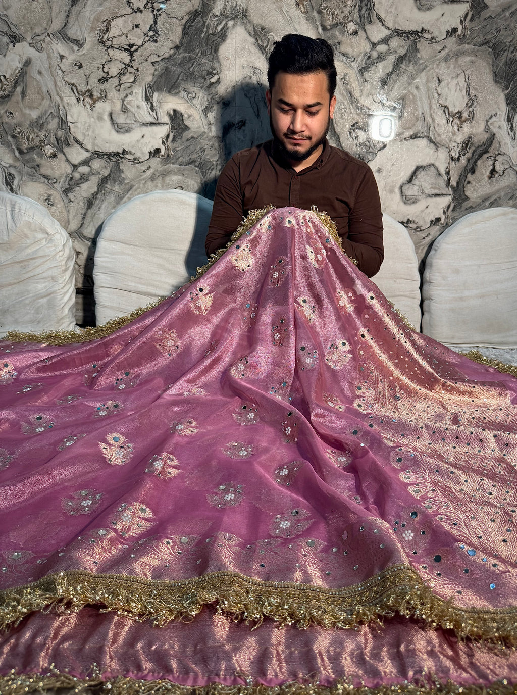 EXCLUSIVE BABY PINK SHADE SOFT TISSUE SILK MIRROR WORK DESIGNER SAREE