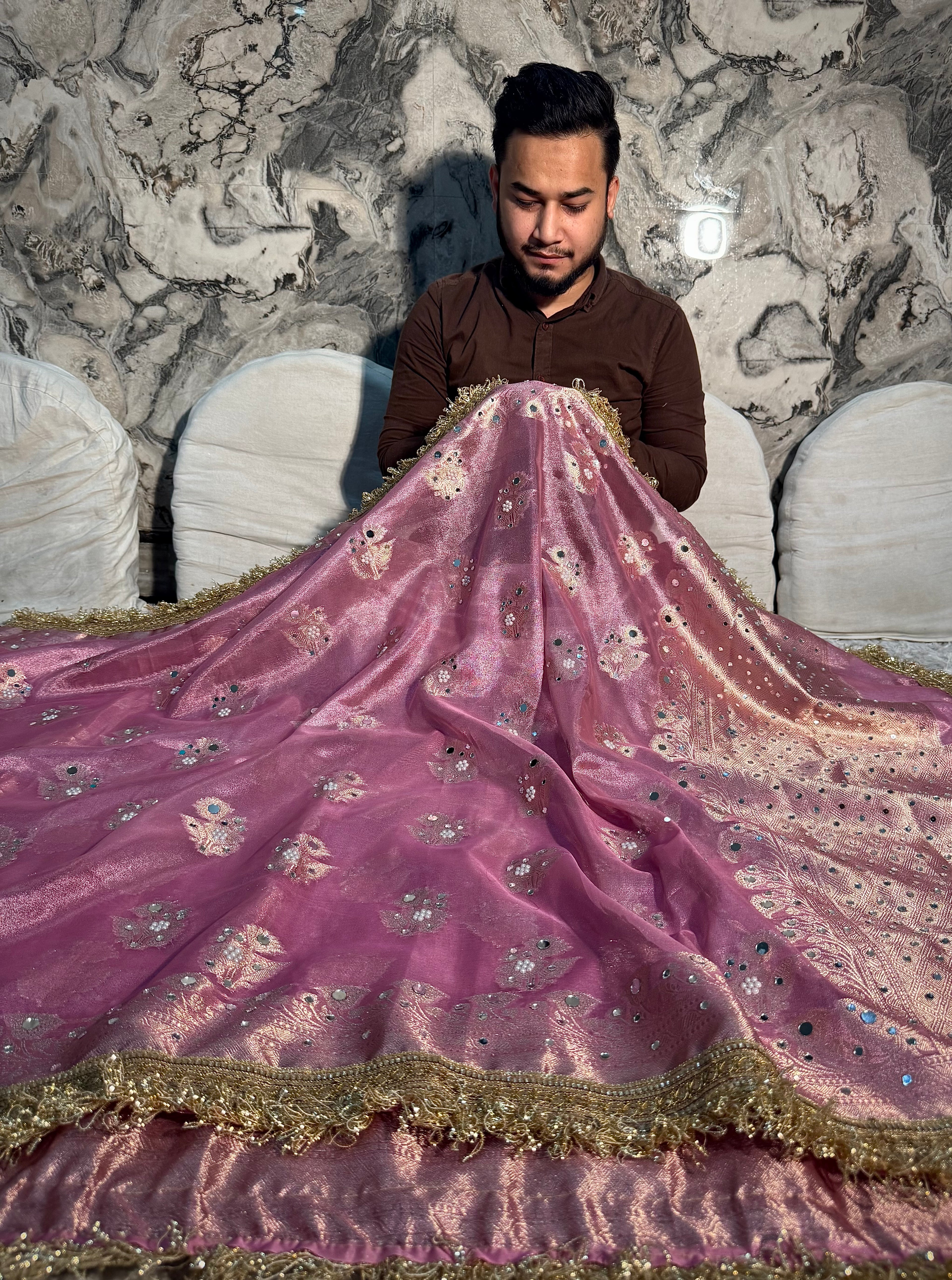 EXCLUSIVE BABY PINK SHADE SOFT TISSUE SILK MIRROR WORK DESIGNER SAREE