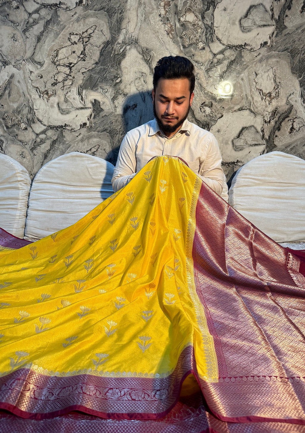 PREMIUM YELLOW AND MAROON SHADE CHINIYA SILK SAREE