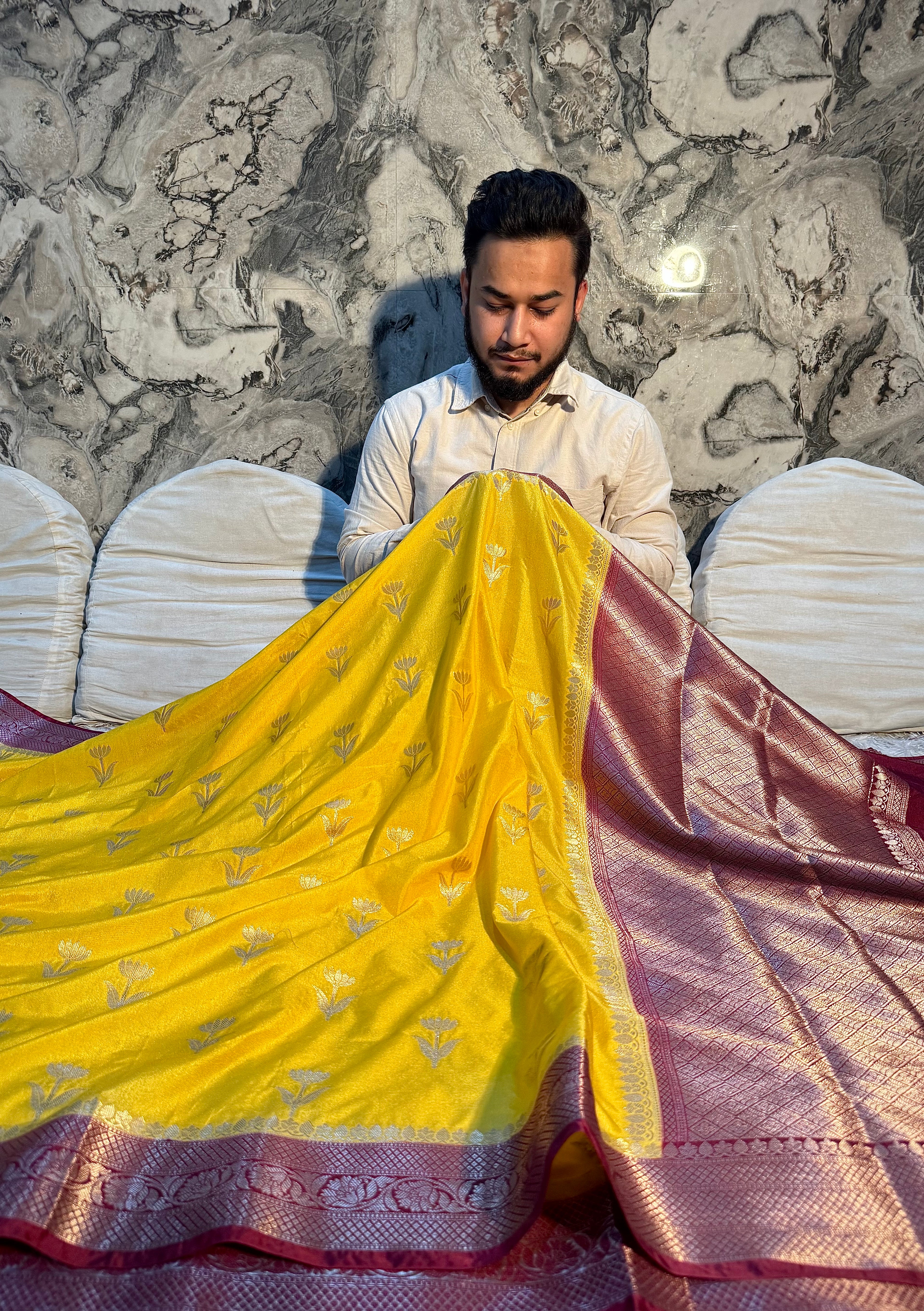 PREMIUM YELLOW AND MAROON SHADE CHINIYA SILK SAREE