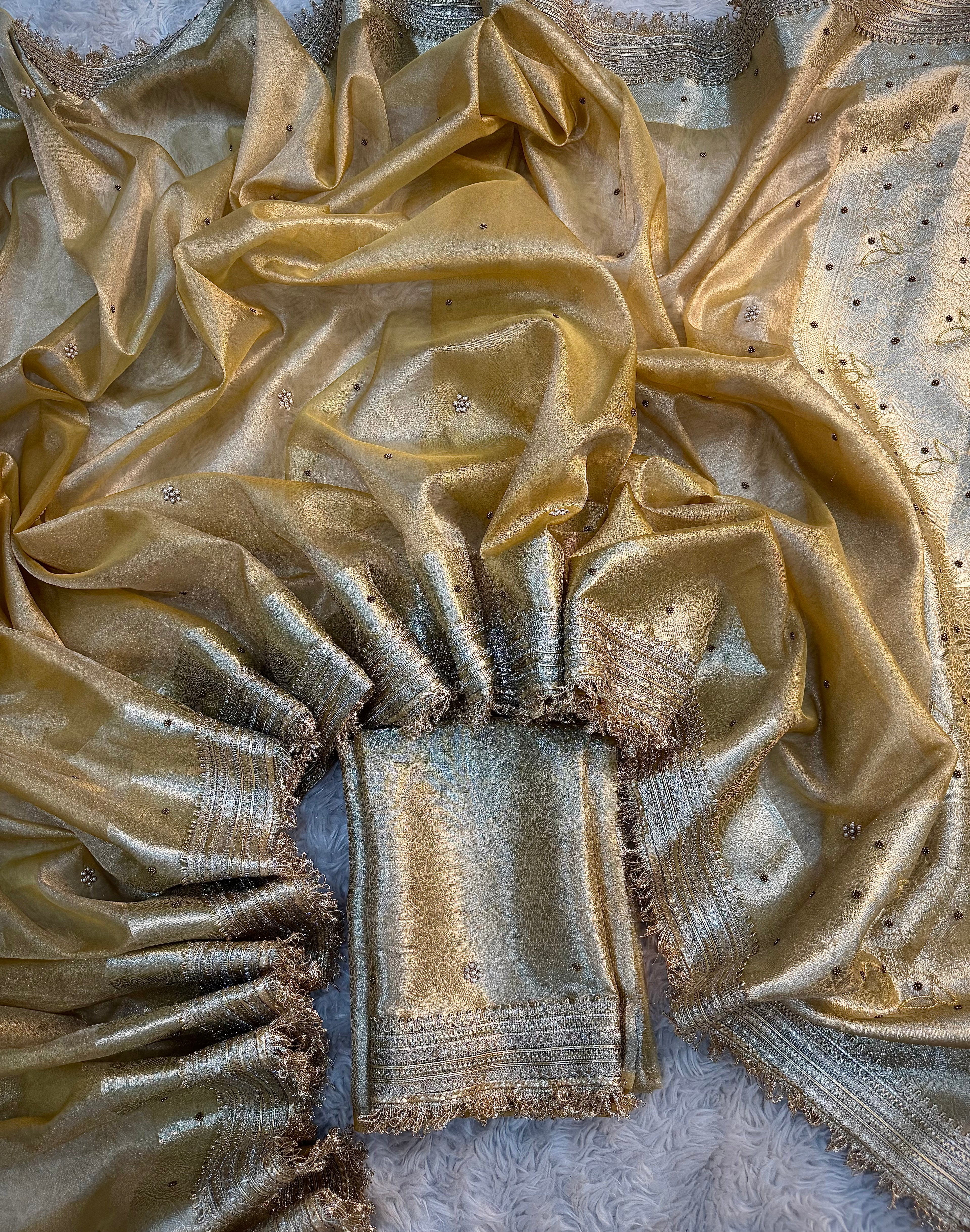 LUXURIOUS CLASSY BEIGE SHADE SOFT TISSUE SILK WITH PREMIUM HAND EMBROIDERY AND LACE WORK