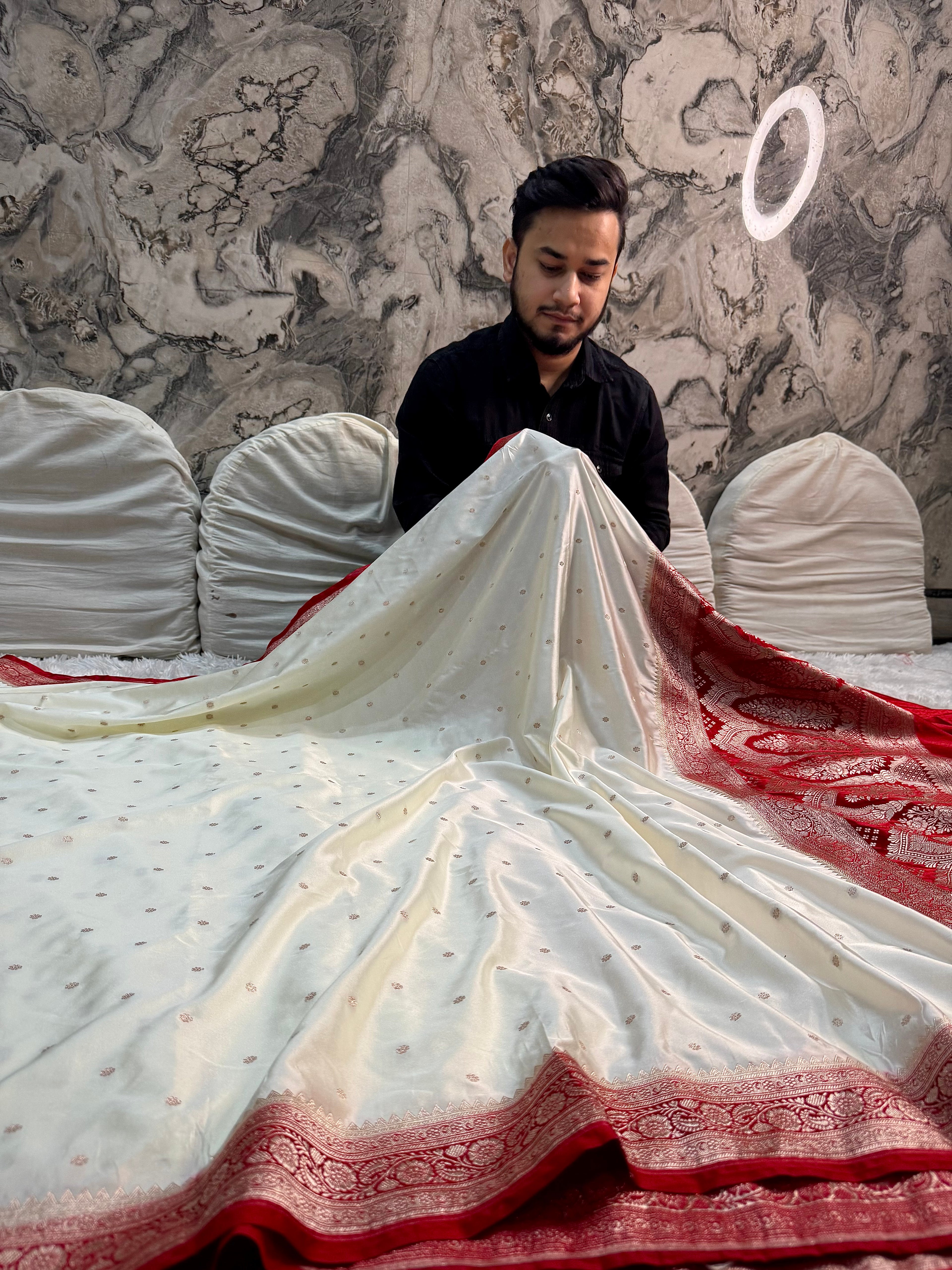 PREMIUM OFF WHITE AND RED SHADE MASHRU KATAN SILK SAREE