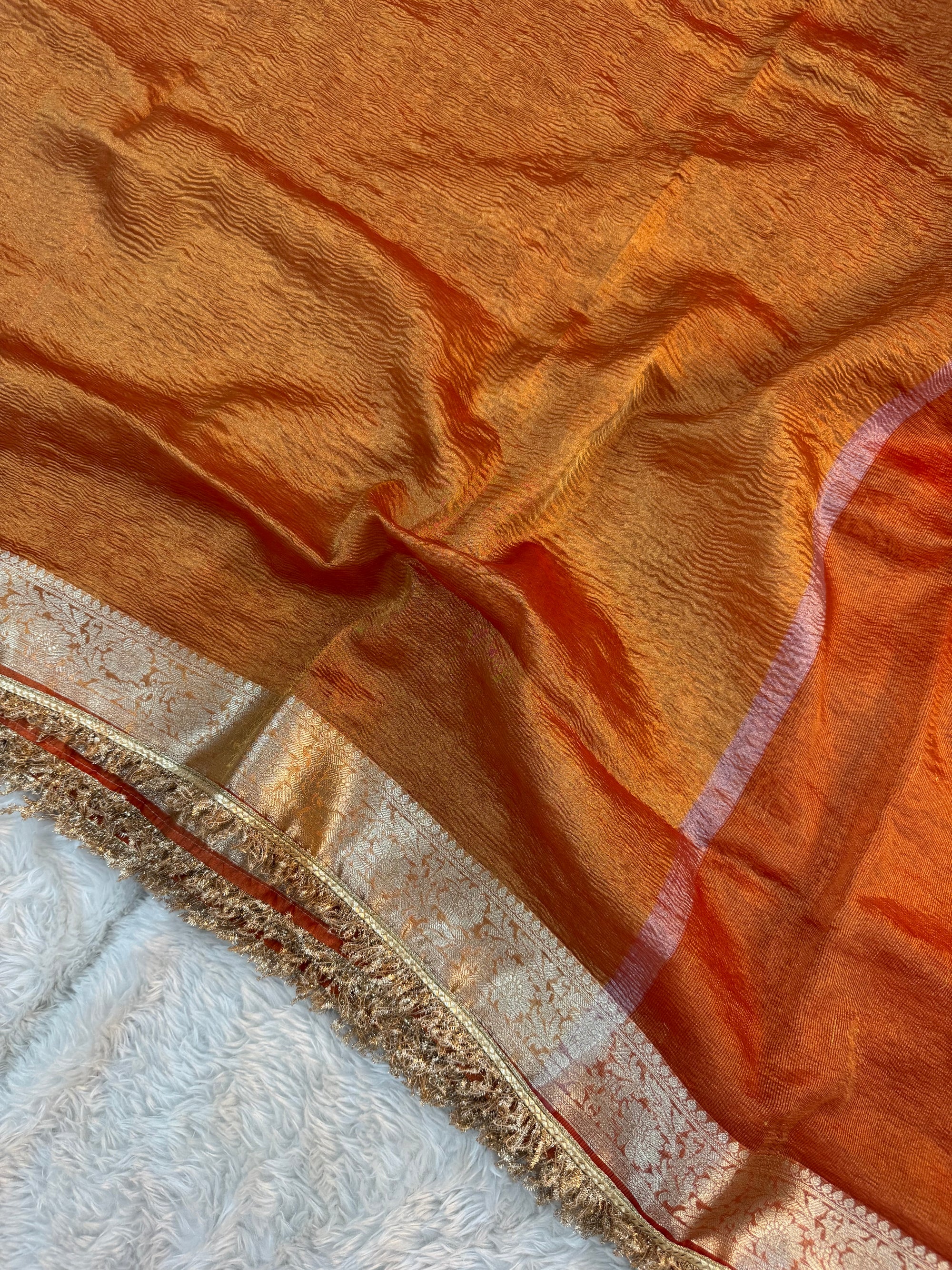 PREMIUM RUST SHADE SOFT CRUSH TISSUE SILK SAREE WITH LACE ATTACHED